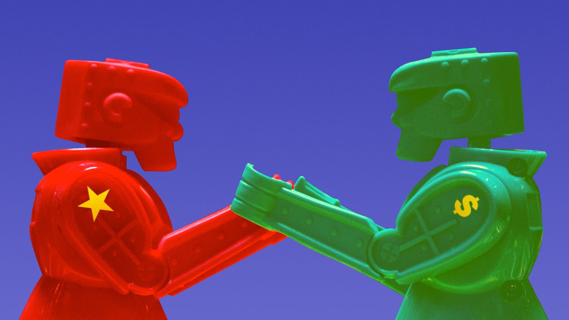 A money robot and a Chinese robot arm wrestling