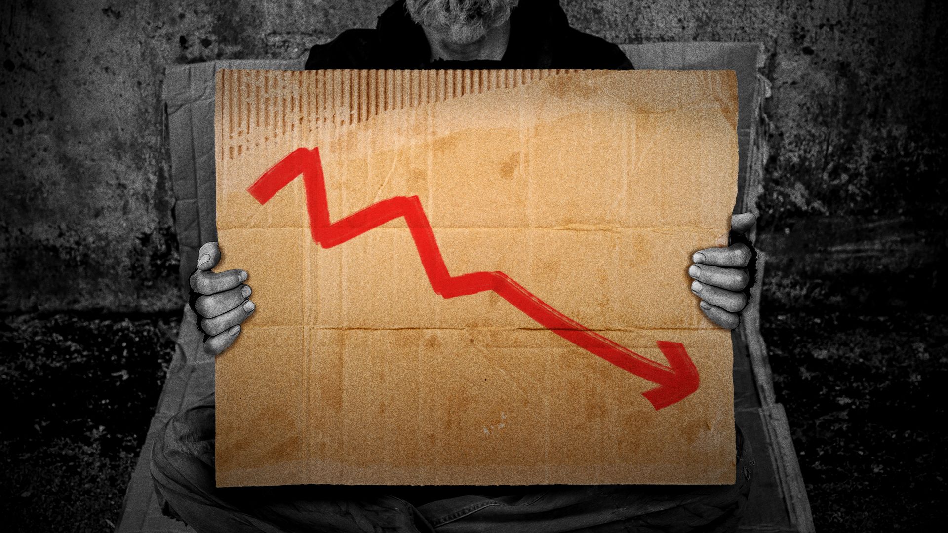 Illustration of a homeless person holding a sign with a downward trending arrow.