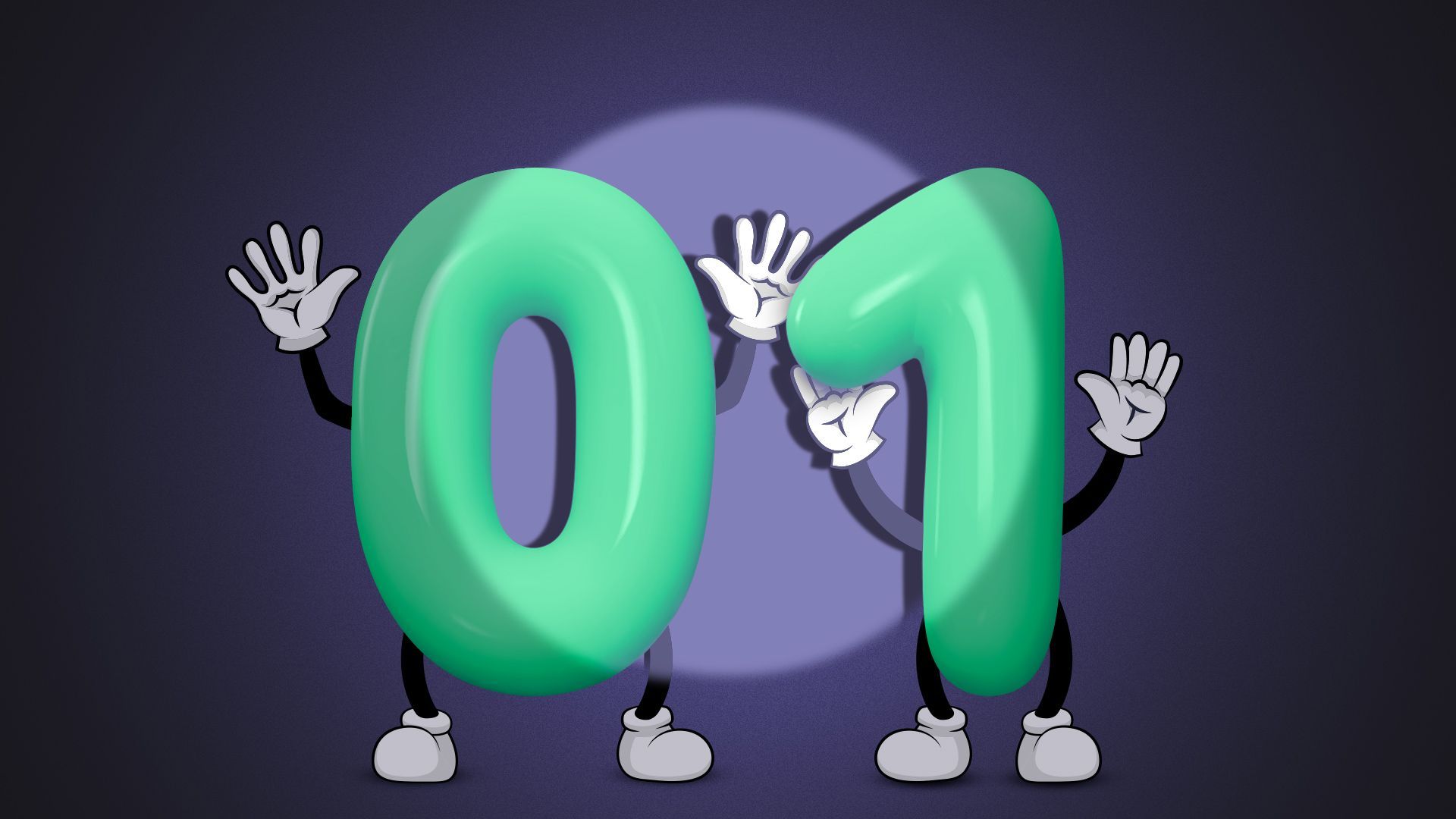 Illustration of a cartoon number zero and number one with their hands up in a police spotlight. 