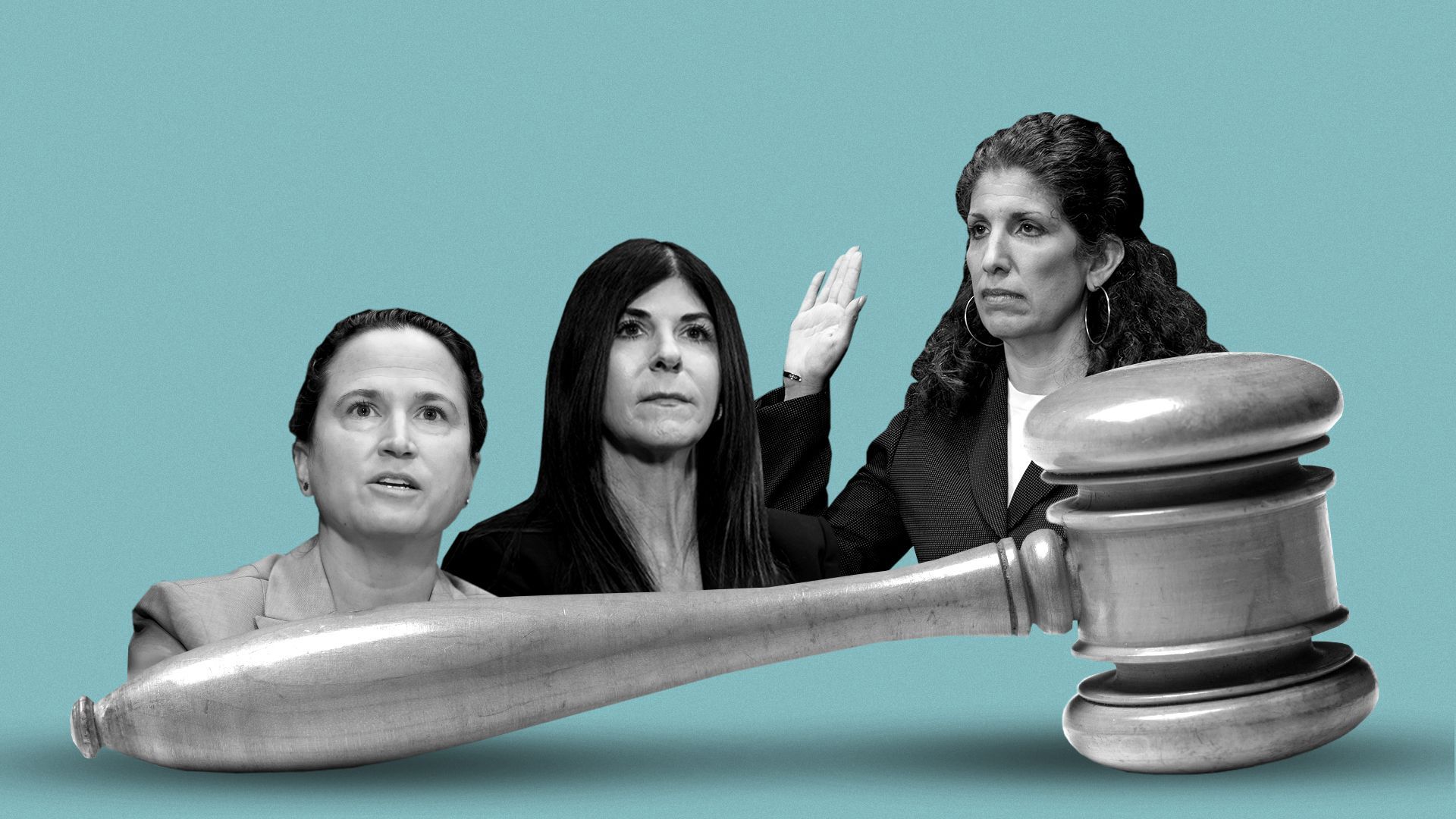 Photo collage illustration of Katherine Marie Menendez, Linda Lopez, and Myrna Perez situated next to a gavel