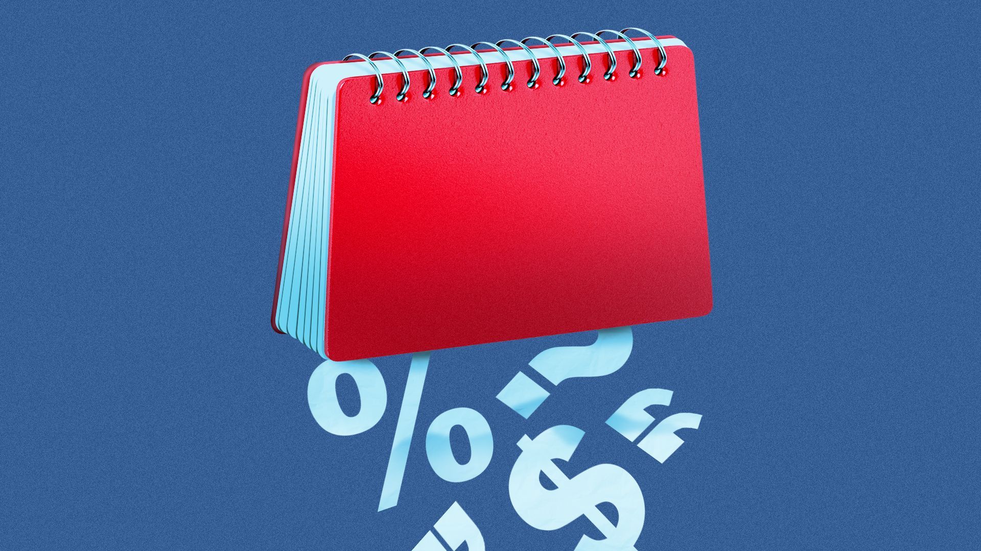 Illustration of an open notebook with pages falling out in the shape of dollar signs, percent signs, quotation marks, and question marks