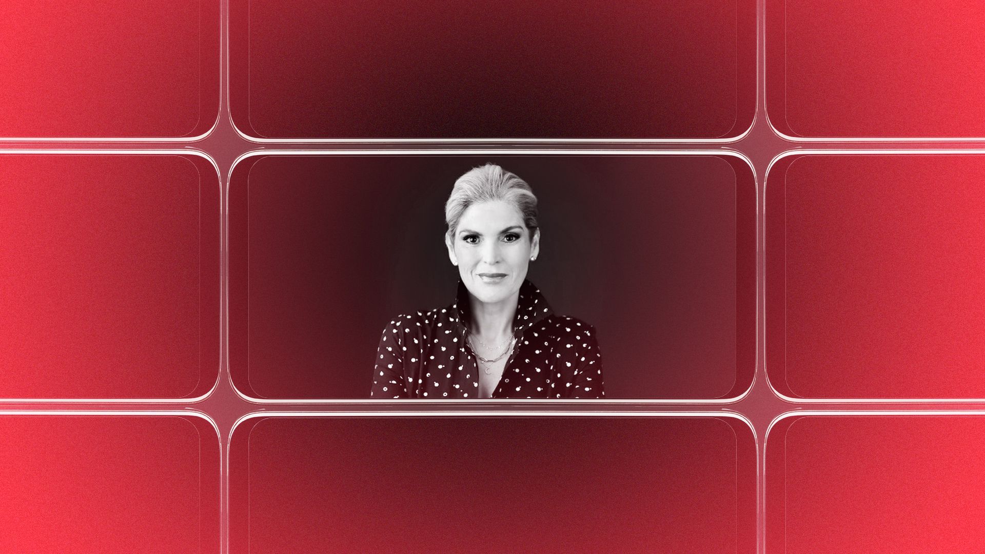 Photo illustration of a grid of smartphone screens, the center one showing an image of Ana Cruz.