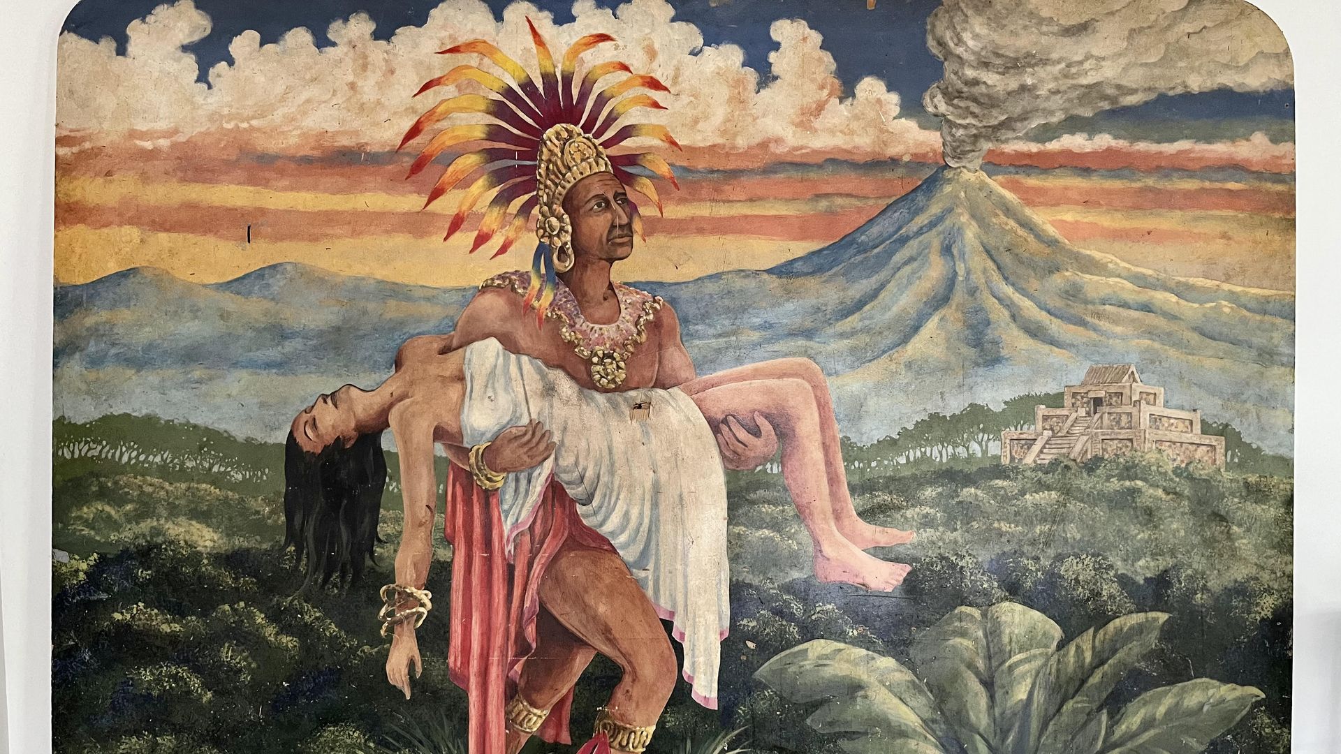 An image of the mural "Popocatépetl and Iztaccíhuatl" shows an Aztec warrior carrying a sleeping princess, with a volcano in the background.