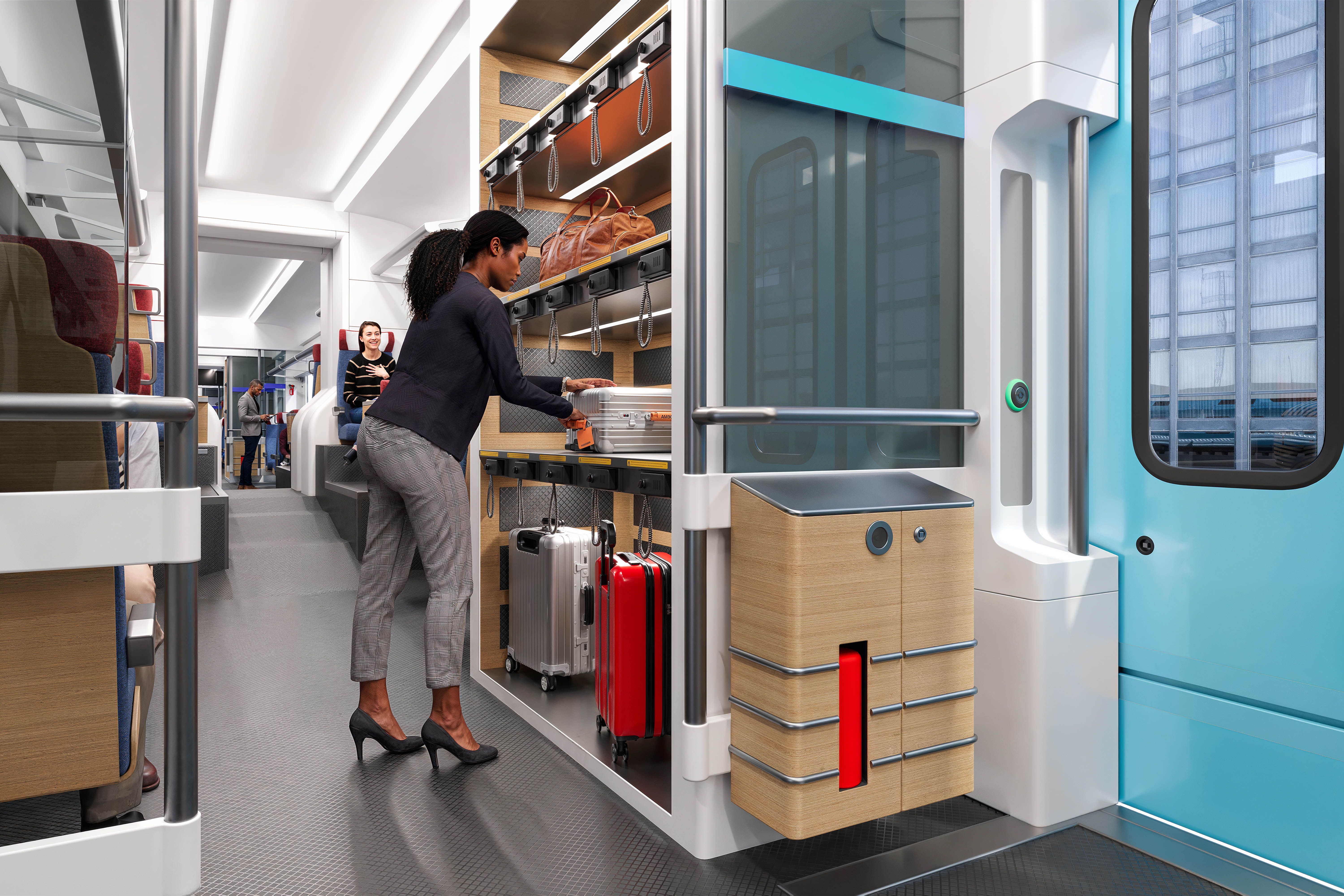 Woman inside a train puts luggage on a rack. 