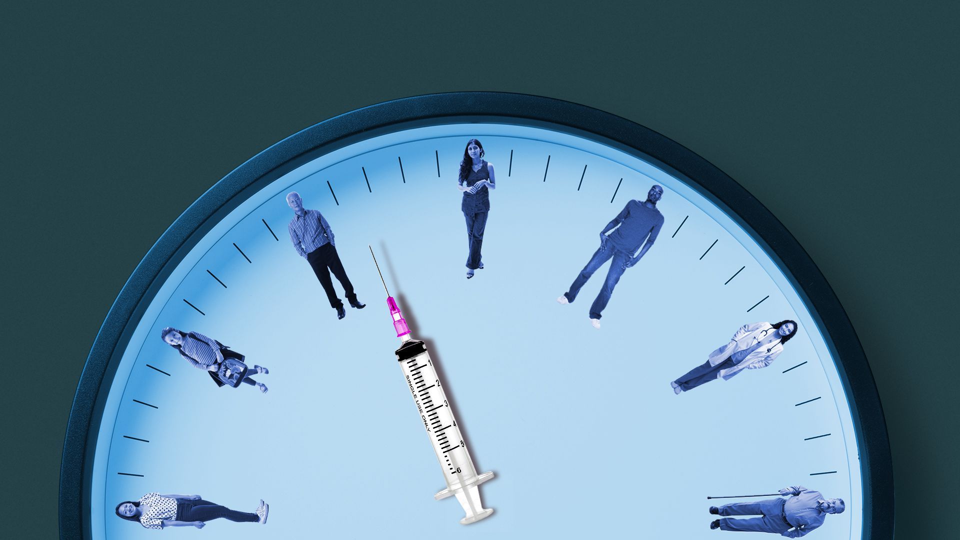 Illustration of a clock with a syringe hand pointing to people where the hours would be