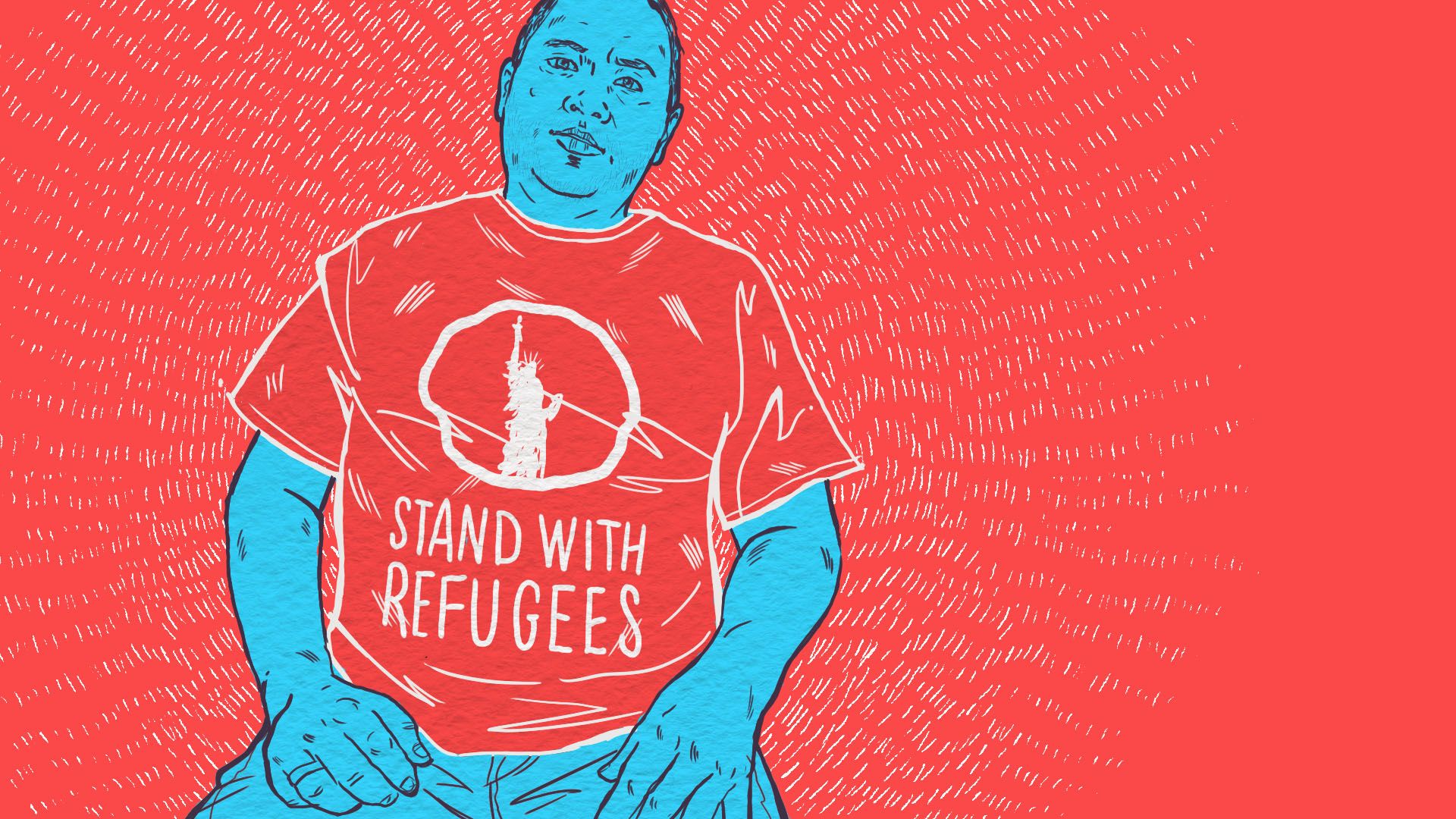 An illustration of a man wearing a red t-shirt that says "stand with refugees"