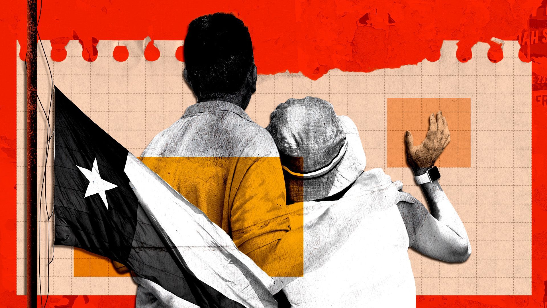 Photo illustration of the Texas state flag at half mast and Uvalde citizens on a collage with paper and various shapes