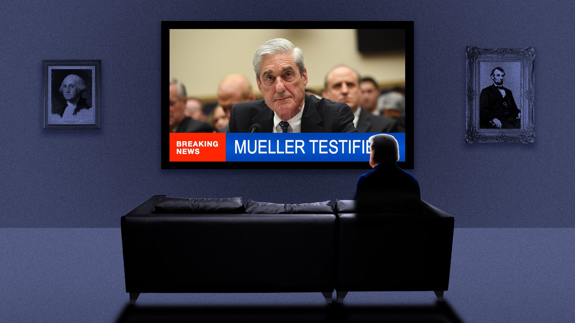 An illustration of Donald Trump watching the Mueller testimony.