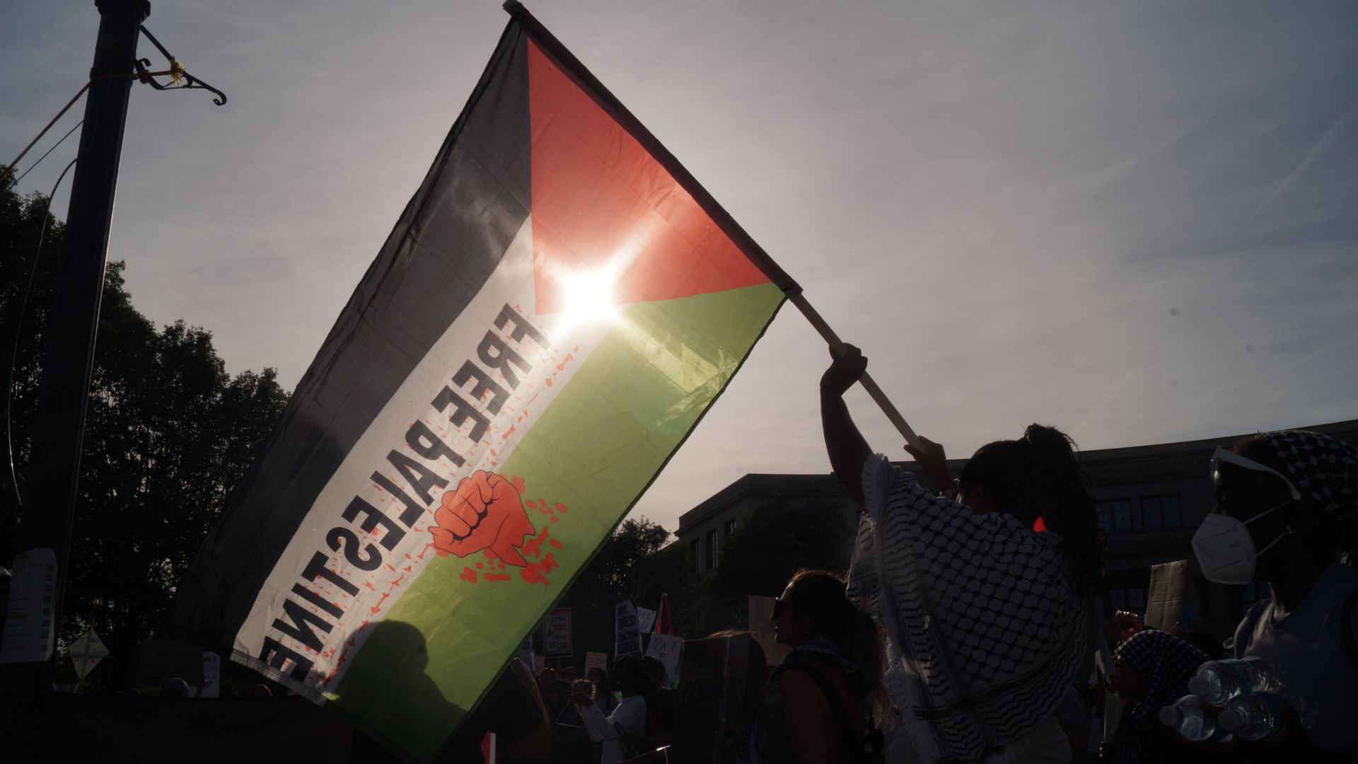 Free Palestine flag waving at twilight