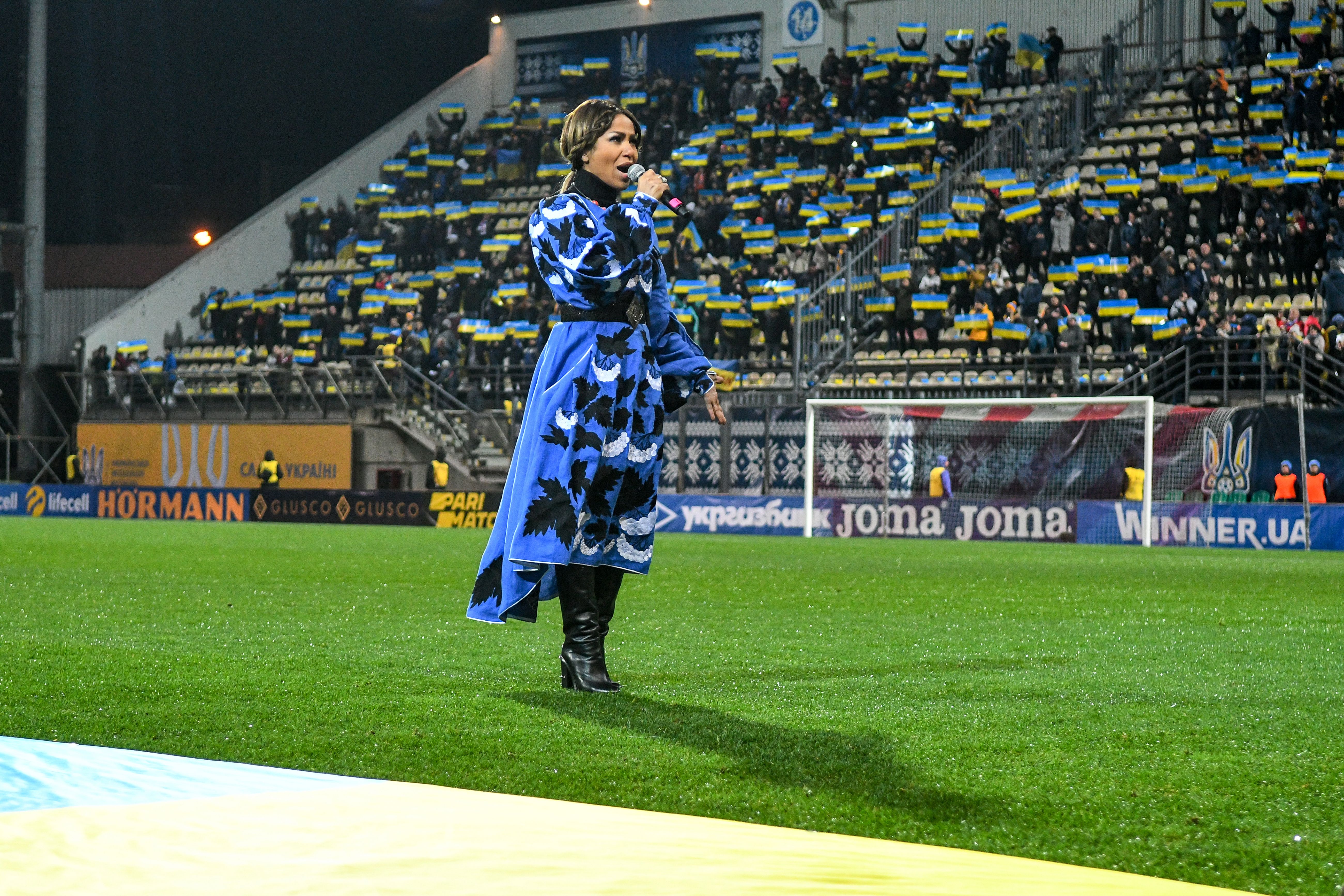 Ukrainian singer Gaitana performs the national anthem of Ukraine at the start of a friendly between the teams of Ukraine and Estonia,