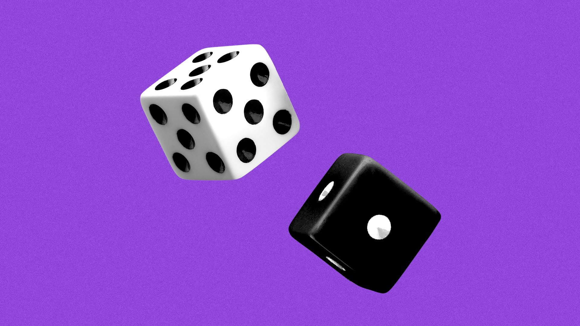 Illustration of a white dice with five black pips on all sides, contrasted with a black dice with a single white pip on all sides
