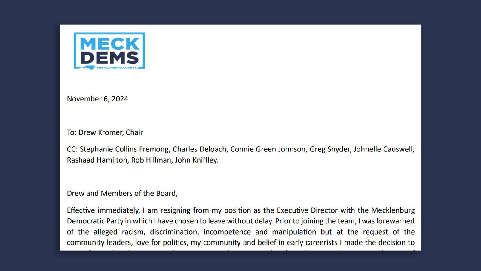 MeckDem executive resigns, says party needs accountability after