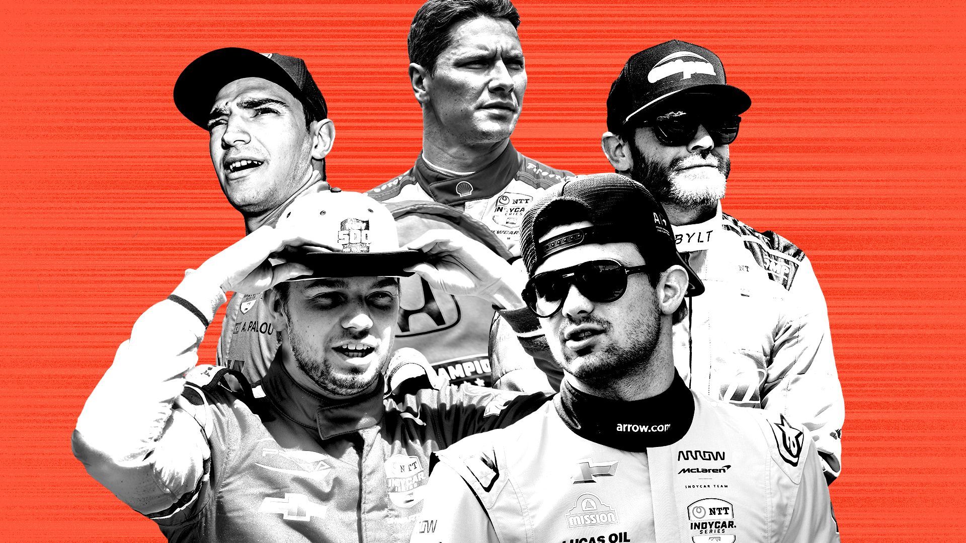 Photo illustration of Josef Newgarden, Alex Palou, Conor Daly, Robert Shwartzman, Pato O'Ward against a red/orange background with speed lines.