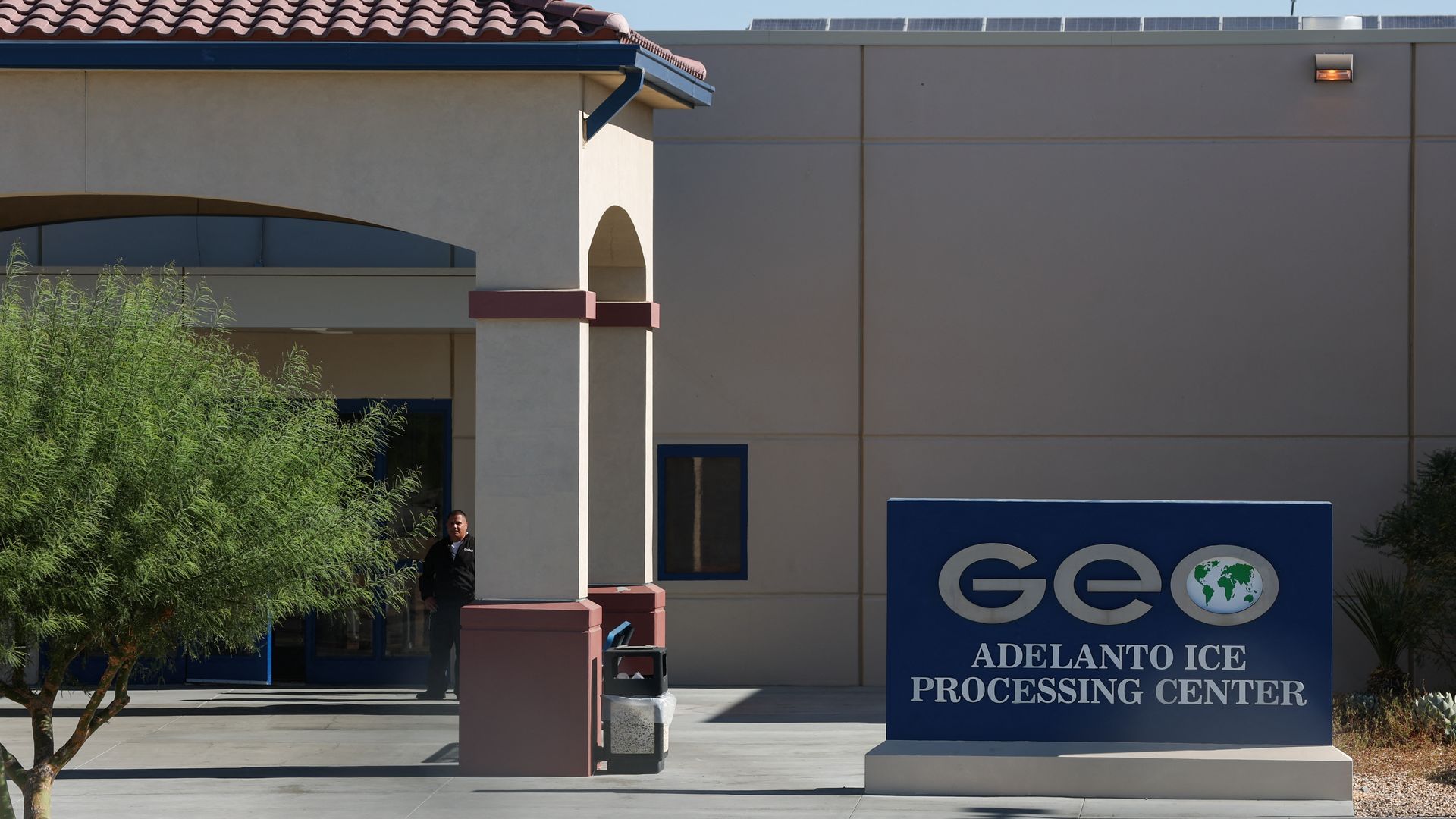 The outside of GEO Group Adelanto ICE Processing Center detention facility in Adelanto, California on July 11, 2025.