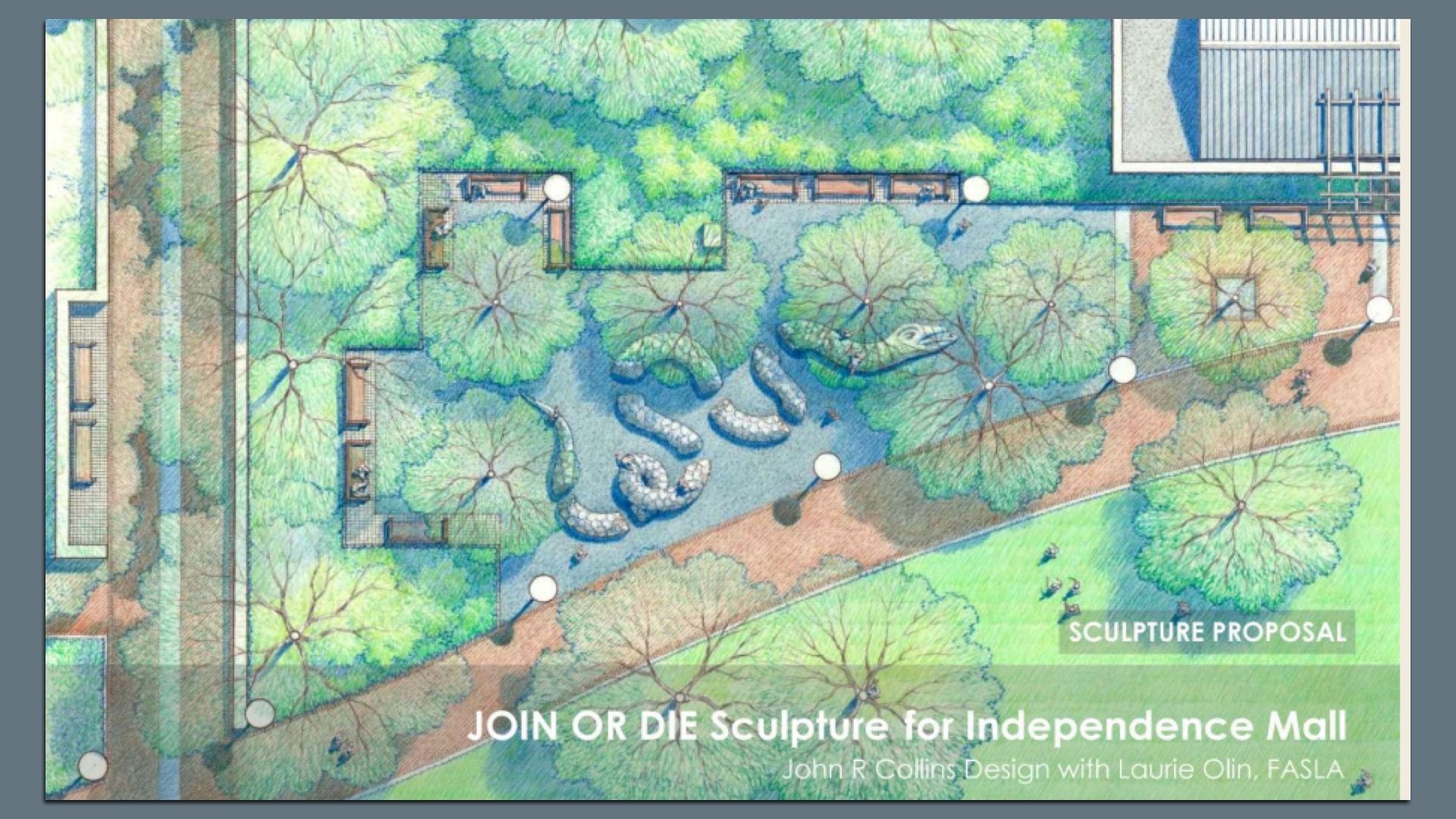 An aerial site plan of Independence Mall’s “Sculpture Proposal”: a green park with dense trees, a winding blue water feature, benches along curved pathways, and lampposts.