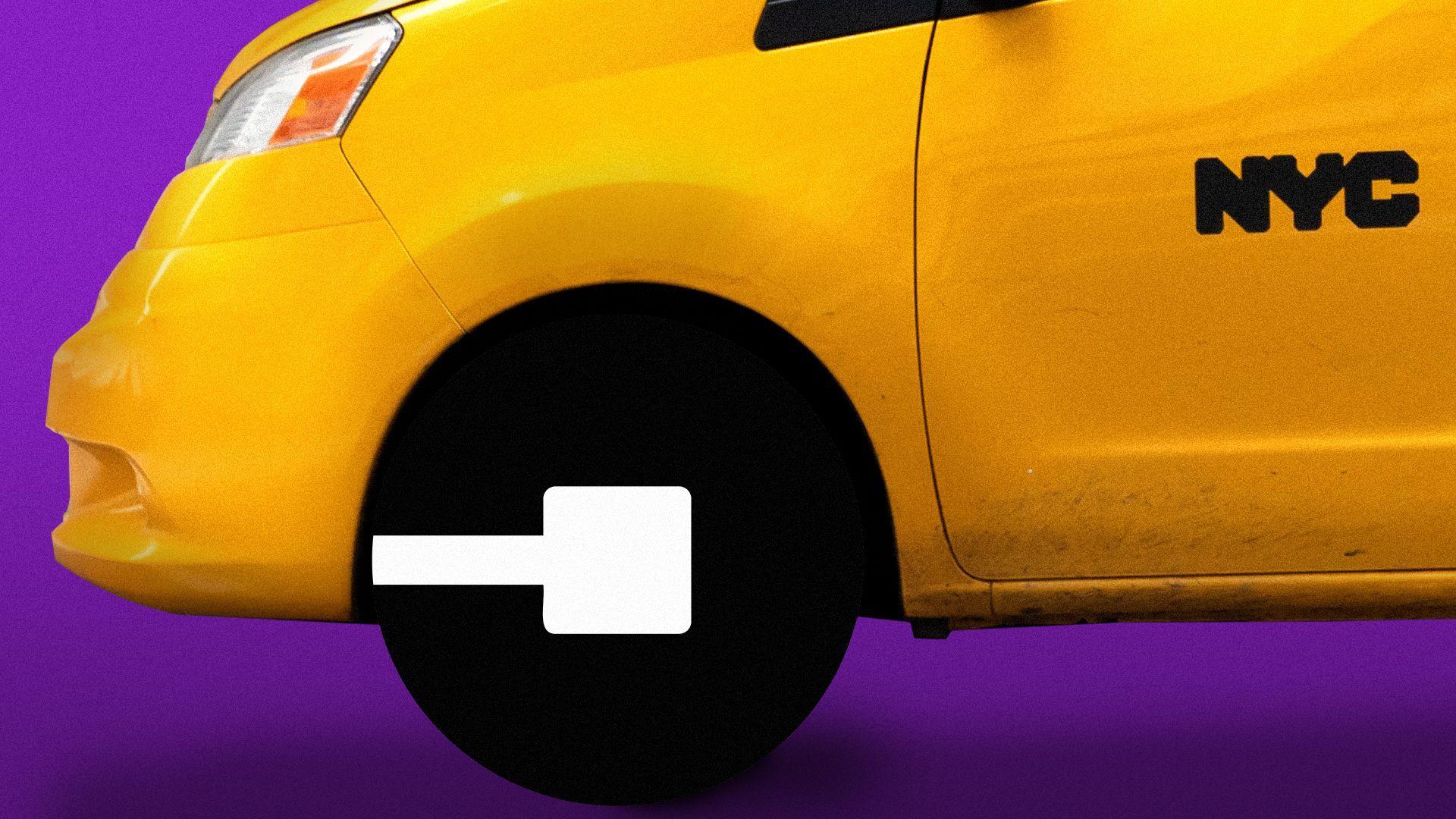 Photo illustration of an NYC taxi with Uber’s logo as the front wheel.