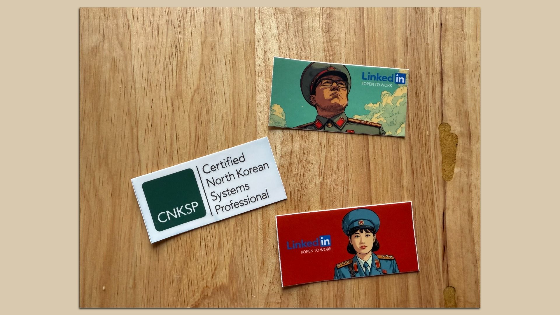 Three stickers on a wooden surface: one with a CNKSP (Certified North Korean Systems Professional) logo, two with North Korean military portraits and LinkedIn #OpenToWork text.