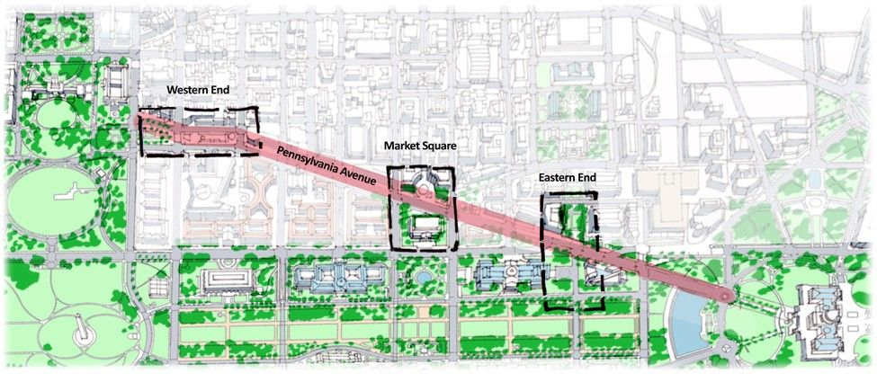 A rendering showing three new urbanized zones on Pennsylvania Avenue