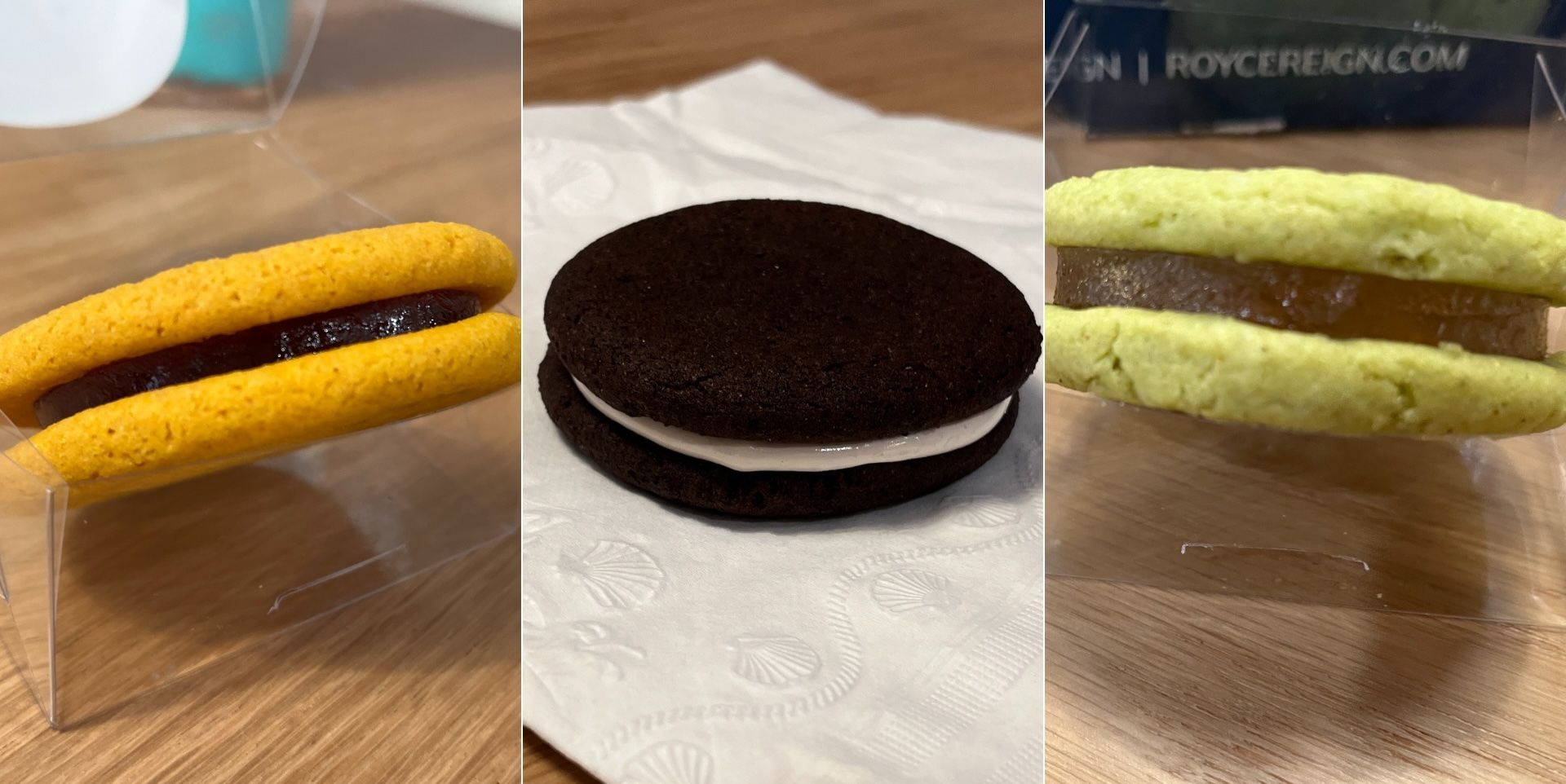 A triptych with an orange sandwich cookie, a chocolate cookie with white center and a green cookie with amber-colored filling.