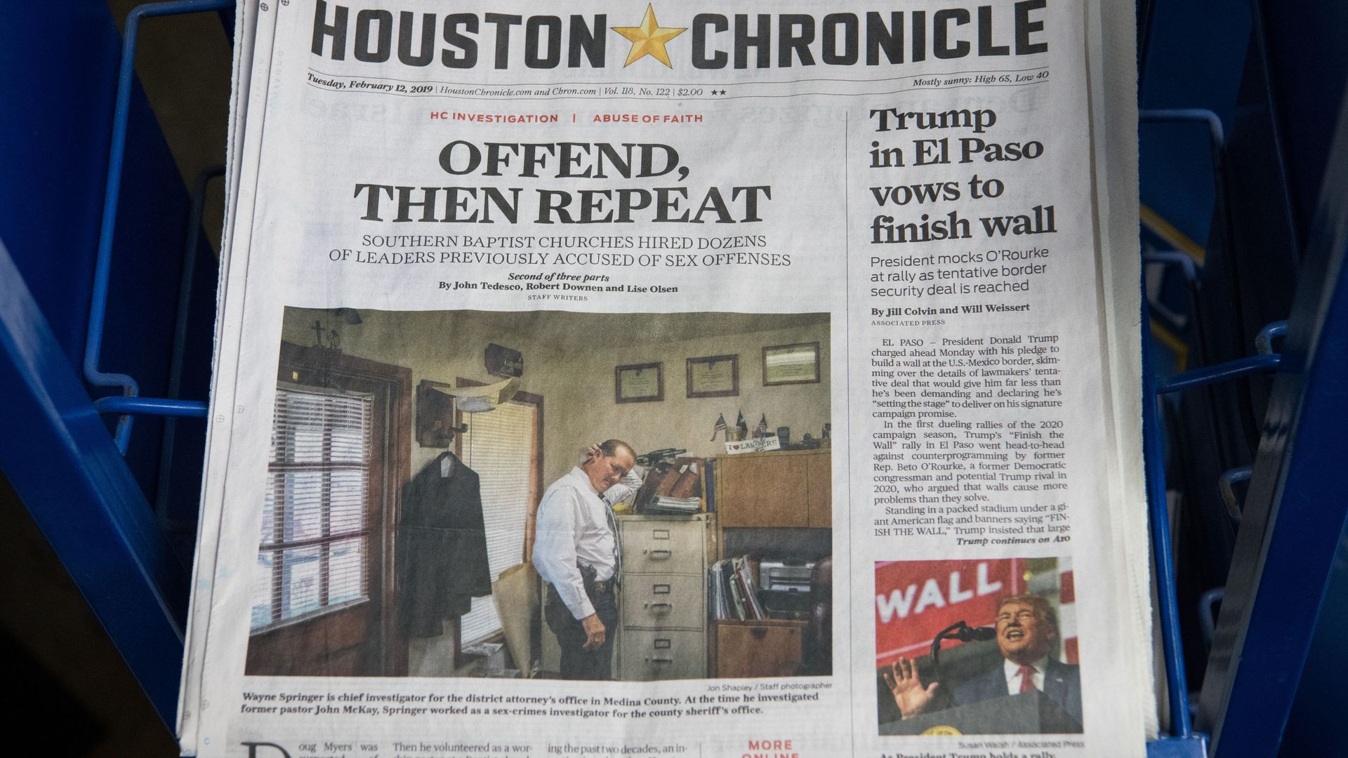 This Feb. 12, 2019 photo shows a Houston Chronicle story on alleged abuse in Southern Baptist churches.