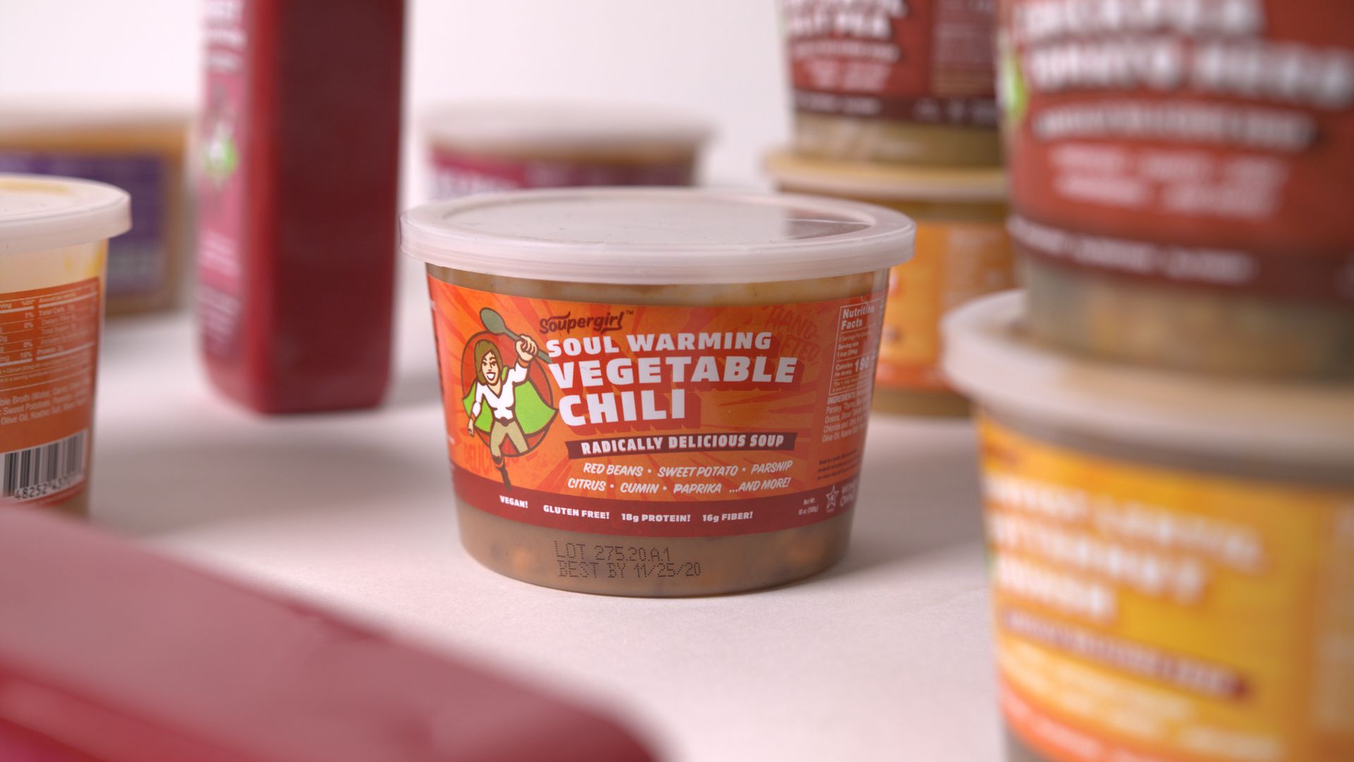 Vegetable chili, one of SouperGirl's soup flavors, is packaged in a plastic container.
