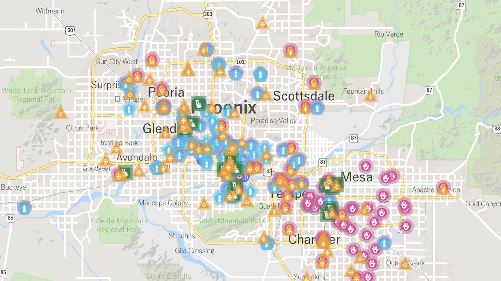 A map of the Phoenix metro area with icons displaying flames, hands, water bottles and recliners.