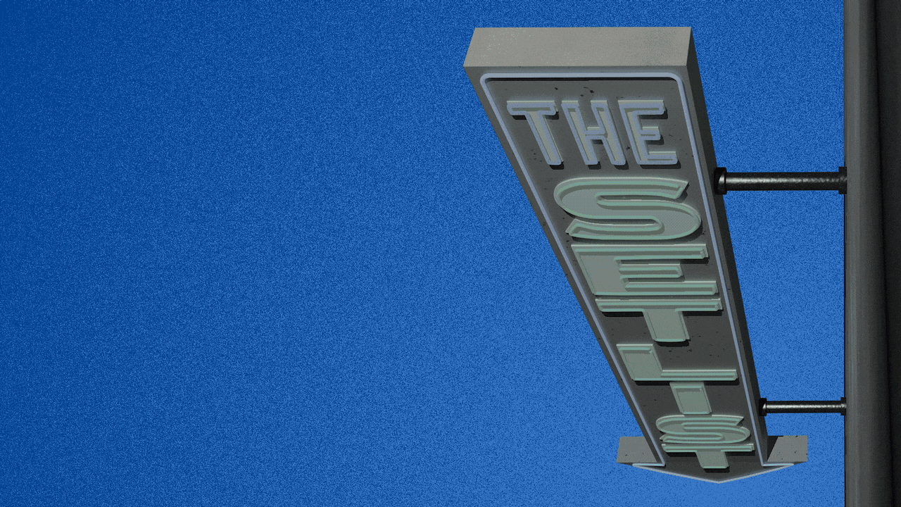 Illustration of a neon sign in the shape of an arrow reading "THE SETLIST."