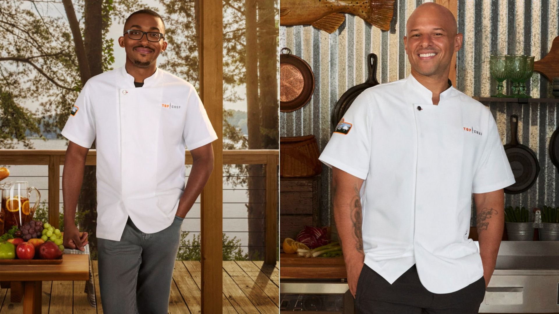 Two male chefs in white Top Chef uniforms pose smiling; one stands by a wooden table with fruit and drinks outdoors, the other indoors against a rustic kitchen backdrop with utensils.