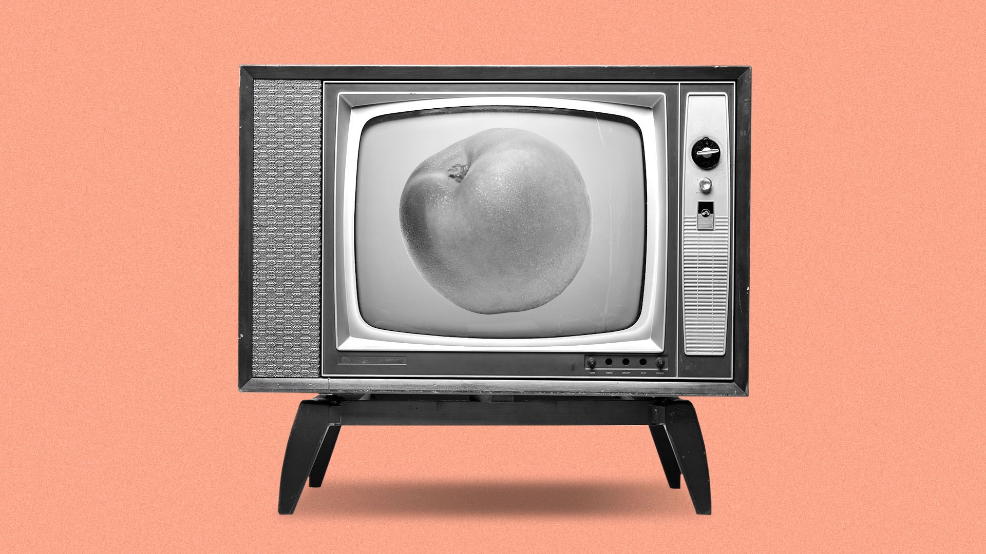 Illustration of an old black and white television set with a peach on the screen