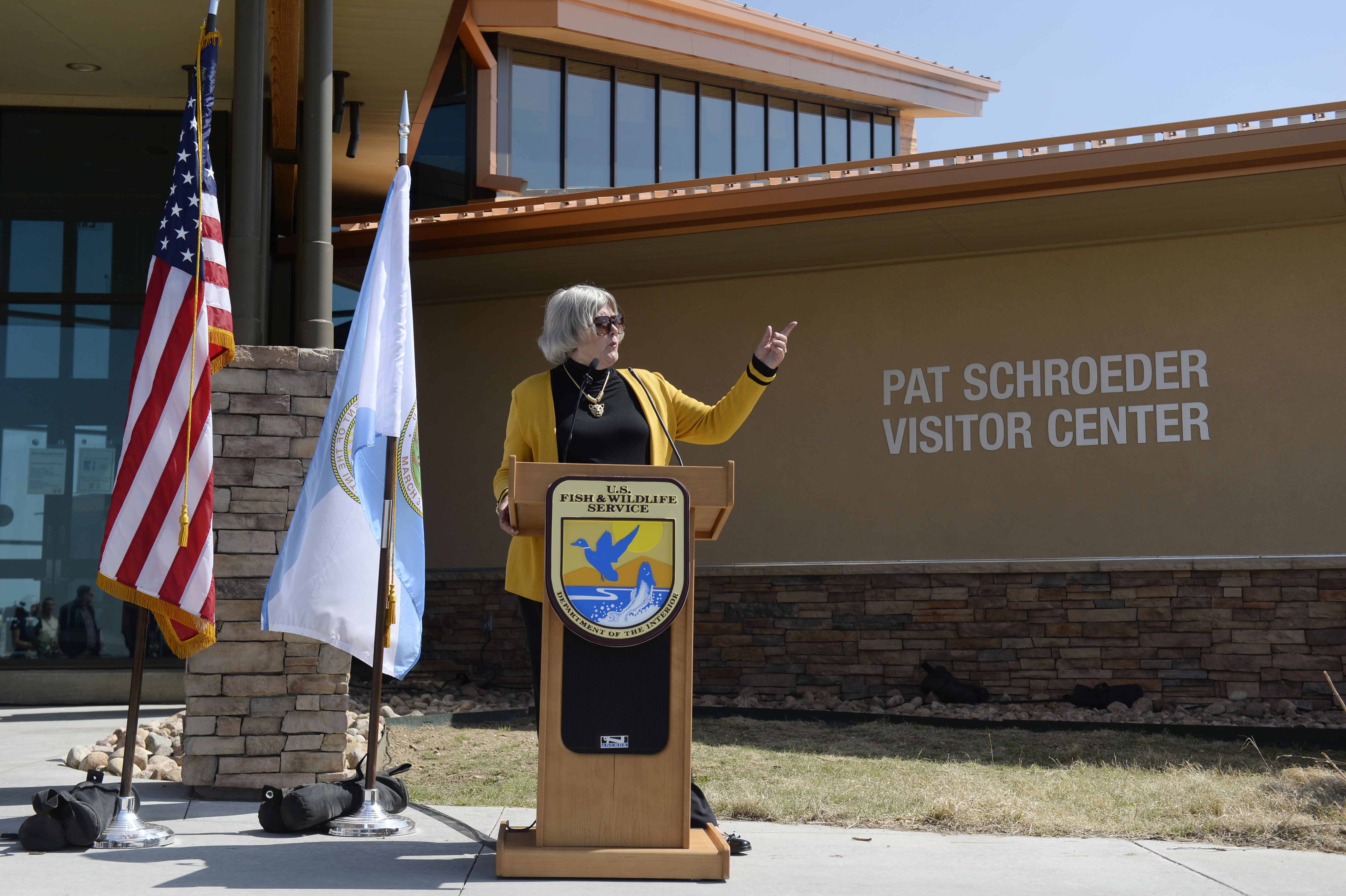 COMMERCE CITY, CO - APRIL 08: Former Congresswoman Pat Schroeder speaks at the Rocky Mountain Arsenal National Wildlife Refuge Visitor Center April 08, 2015. U.S. Representatives Diana DeGette, Ed Perlmutter, Jared Polis and other dignitaries were on hand for the naming ceremony in honor of Pat Schroeder. (Photo by Andy Cross/The Denver Post via Getty Images)