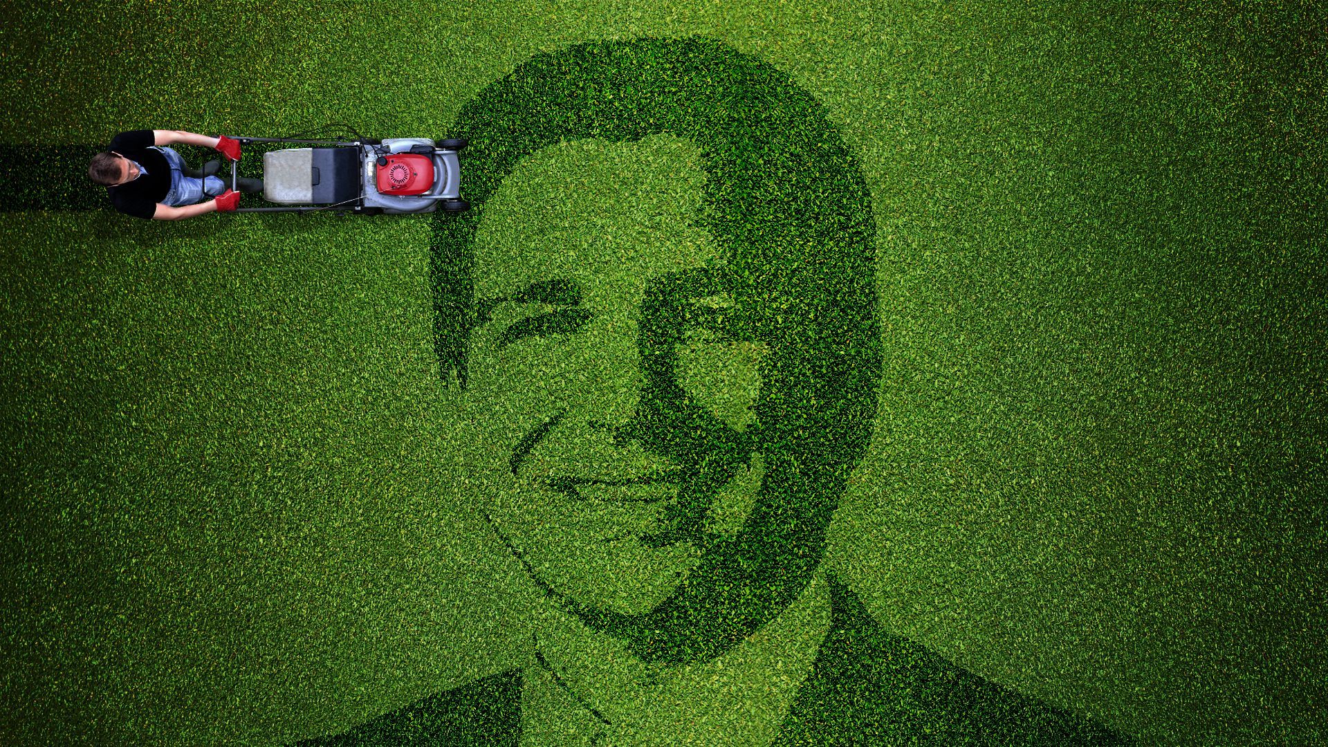 Illustration of someone using a lawnmower to etch Ron DeSantis' face into park grass.