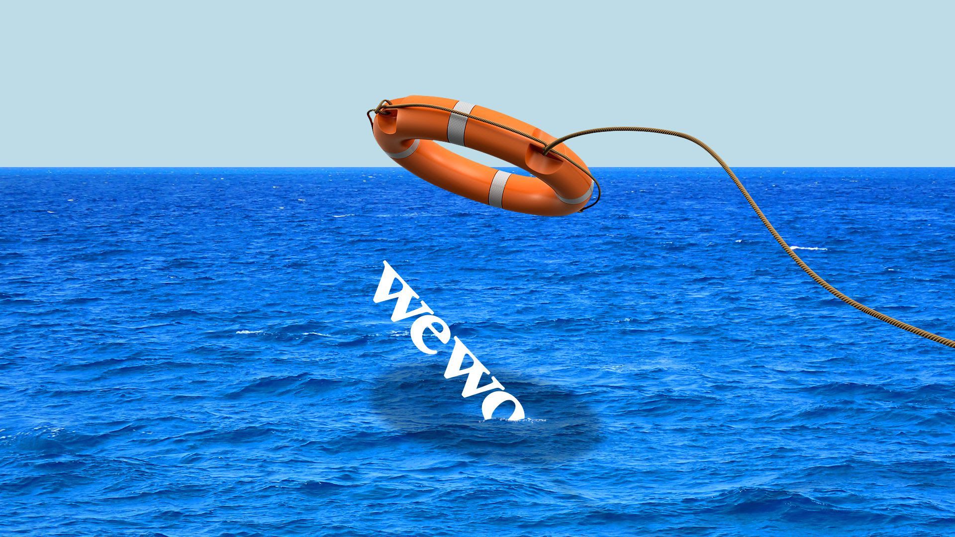 Illustration of a life raft being tossed to the WeWork logo in the ocean
