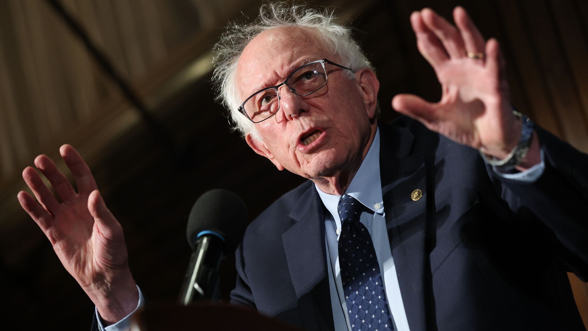 Sen. Bernie Sanders (I-VT) speaks at the National Press Club on June 08, 2026 in Washington, DC. Sanders spoke about the impact of AI and the future of American politics as part of the National Press Club's Headliners Event. (Photo by Win McNamee/Getty Images)