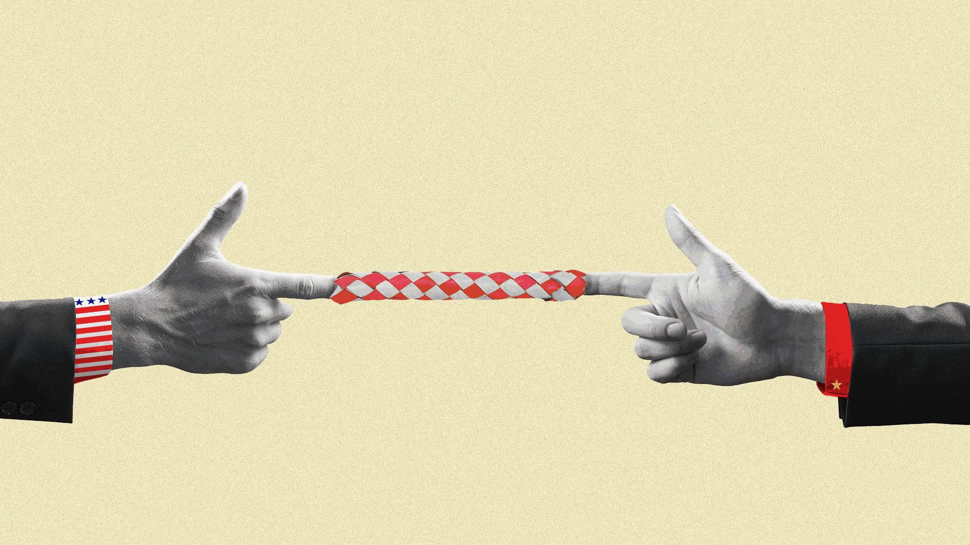 Animation of a Chinese finger trap being pulled back and forth by hands representing the United States and China