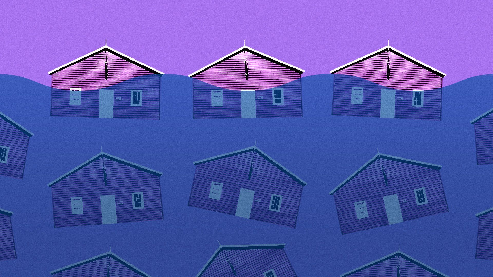 Illustration of pattern of houses partially submerged under water
