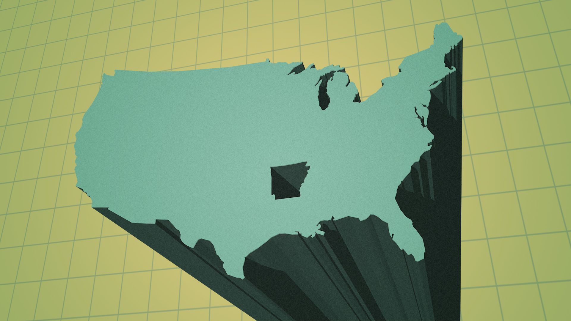 Illustration of the United States as a bar chart element extending into the foreground, leaving Arkansas behind.