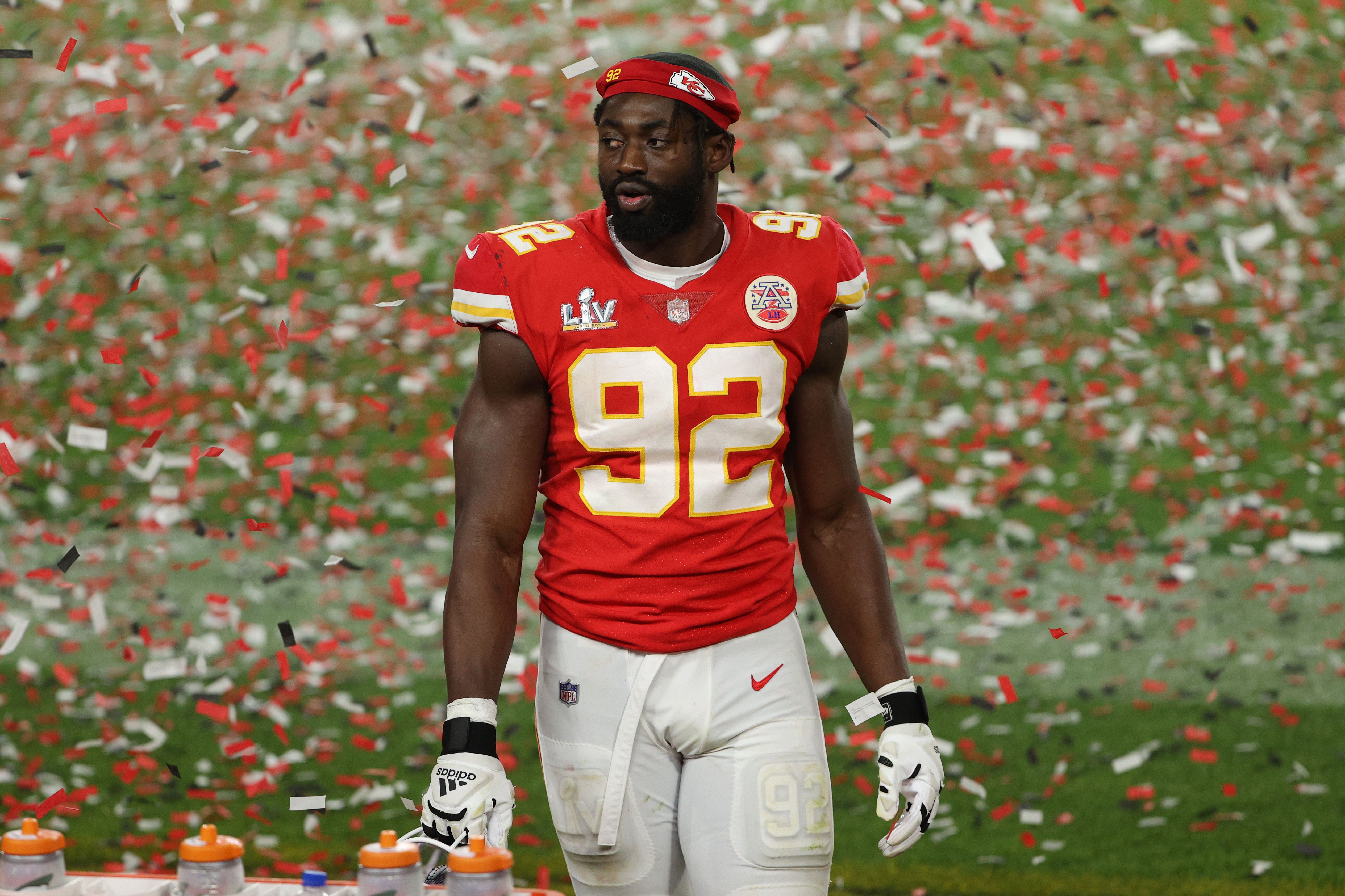 Tanoh Kpassagnon #92 of the Kansas City Chiefs walks off the field following the loss to the Tampa Bay Buccaneers in Super Bowl LV at Raymond James Stadium on February 07, 2021 in Tampa, Florida.