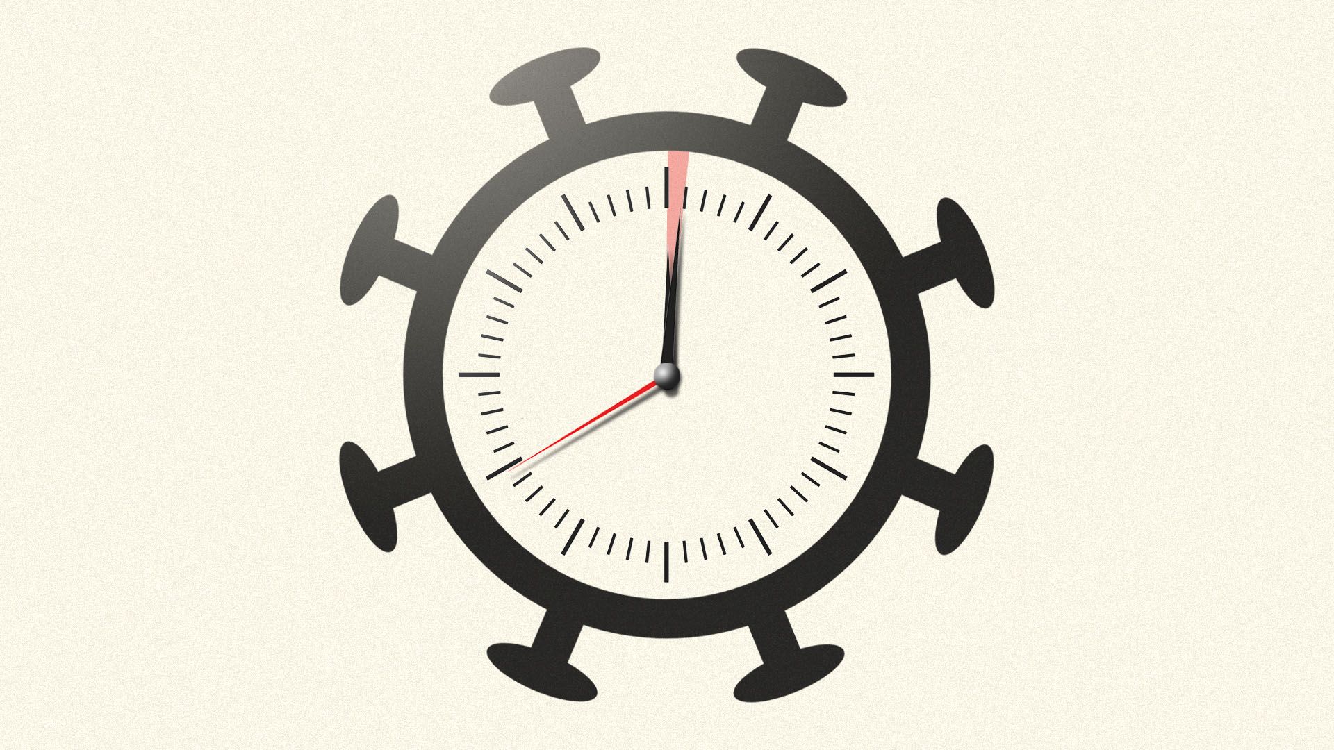 Illustration of an alarm clock shaped like a virus, with one minute highlighted in red