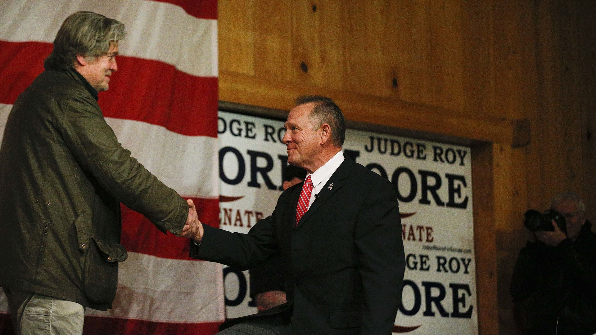 Steve Bannon introduces U.S. Senate candidate Roy Moore at a rally.