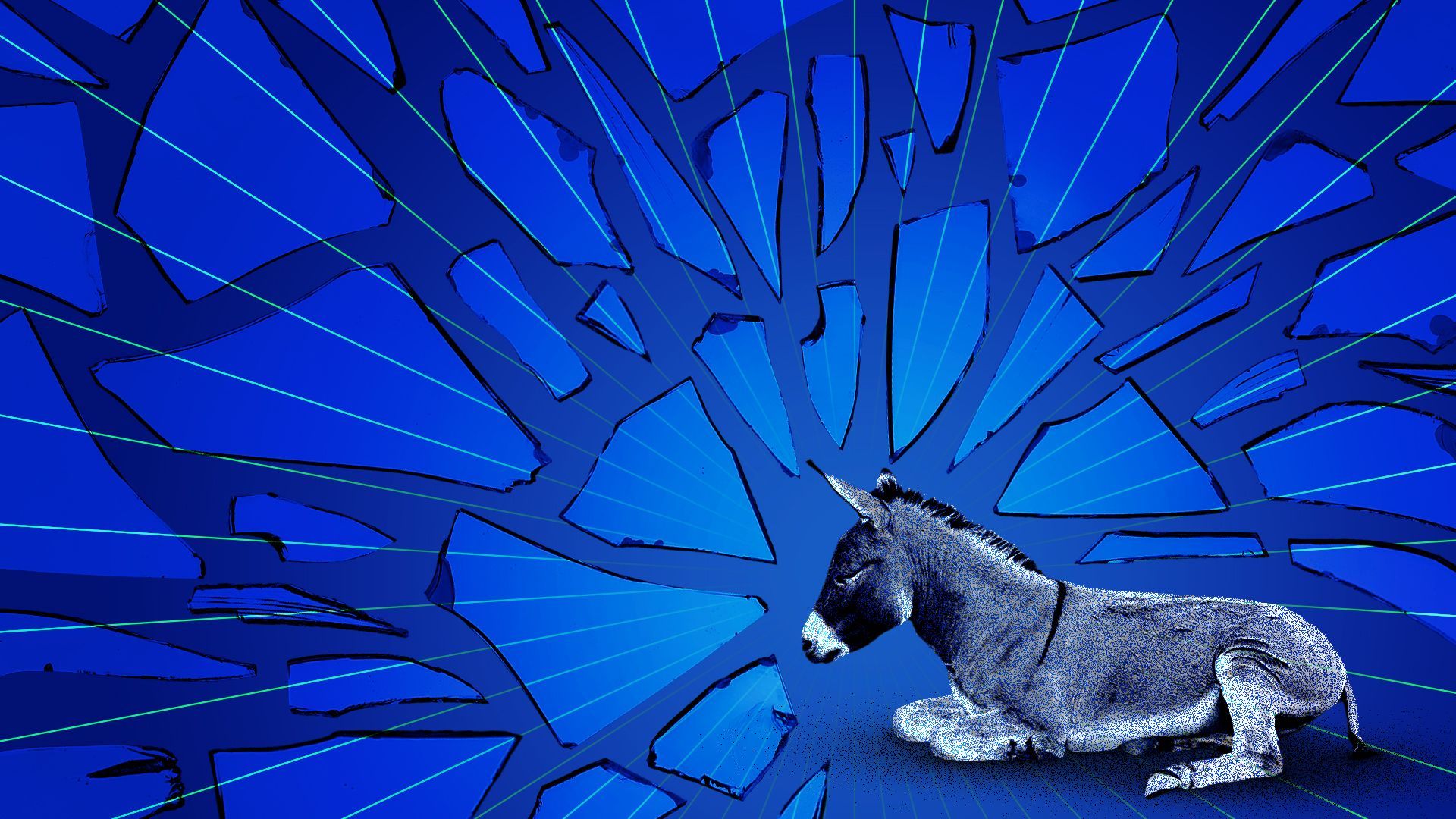 Illustration of a donkey laying down with a pattern of broken glass in the background, with all the sharpened edges pointing towards the resting donkey. 
