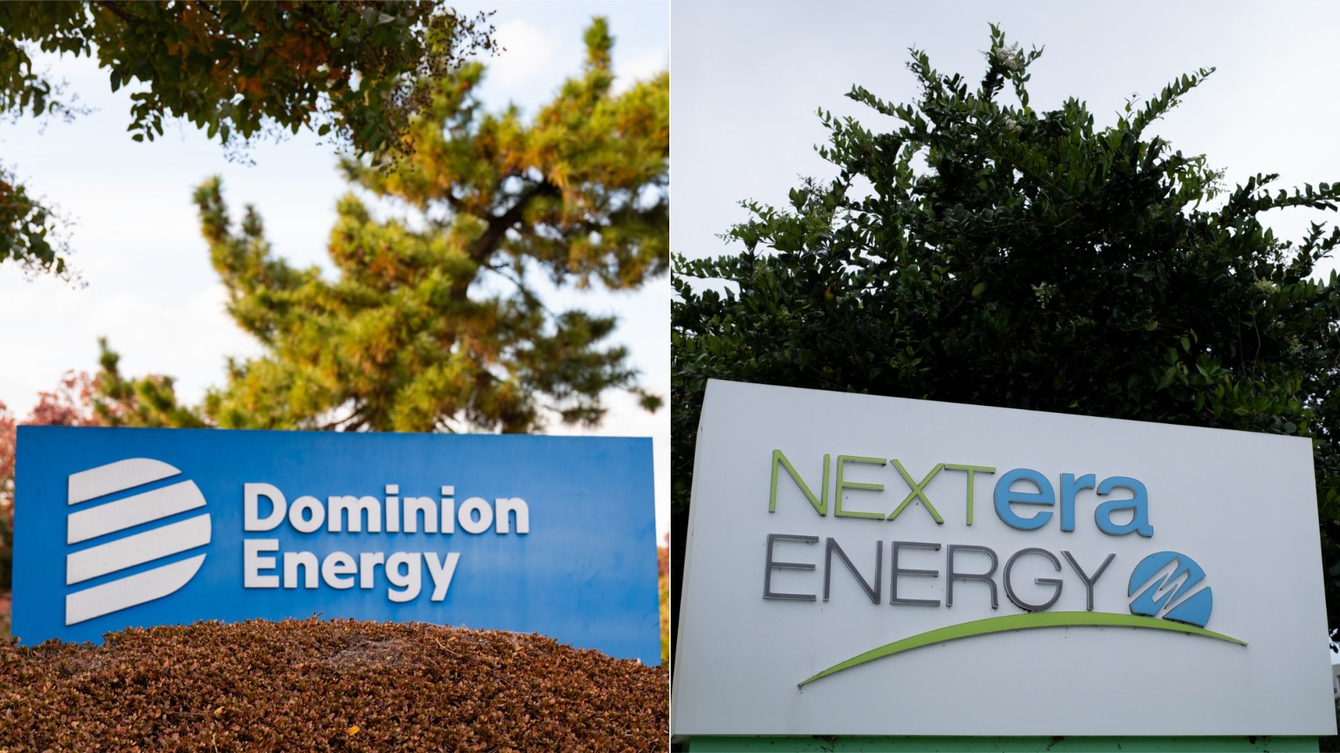 Split image of two company signs outdoors: left shows a blue Dominion Energy sign with white logo and trees; right shows a white NextEra Energy sign with green and blue lettering, partly obscured by foliage.