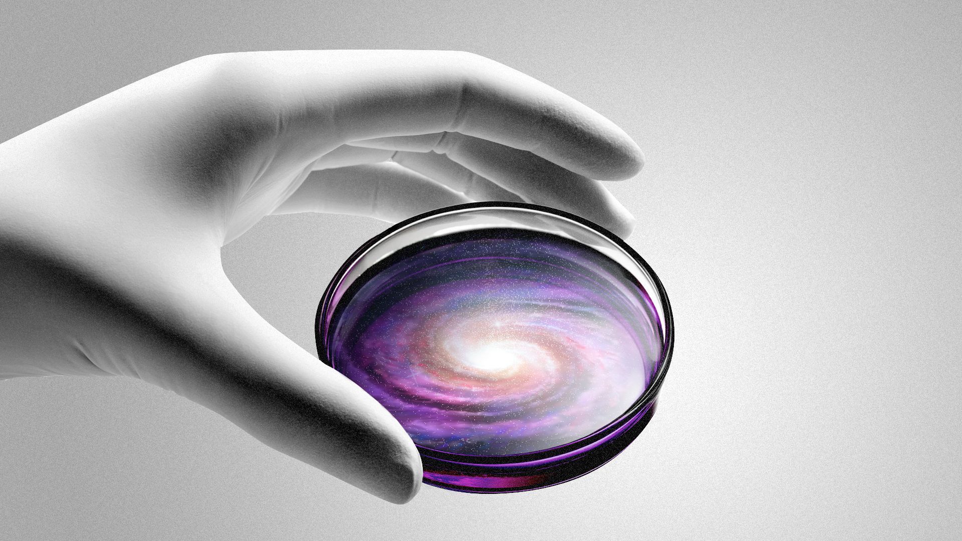 Illustration of a hand holding a petri dish that contains a galaxy.   