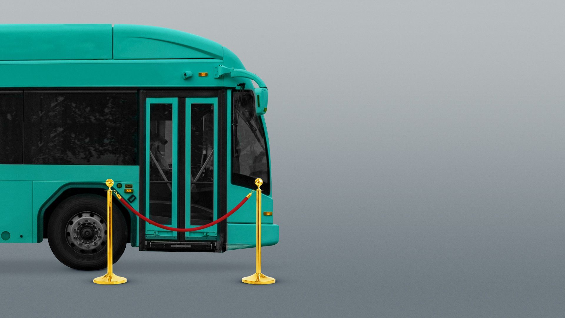 Illustration of a SunRunner bus with a velvet rope outside of the doors.