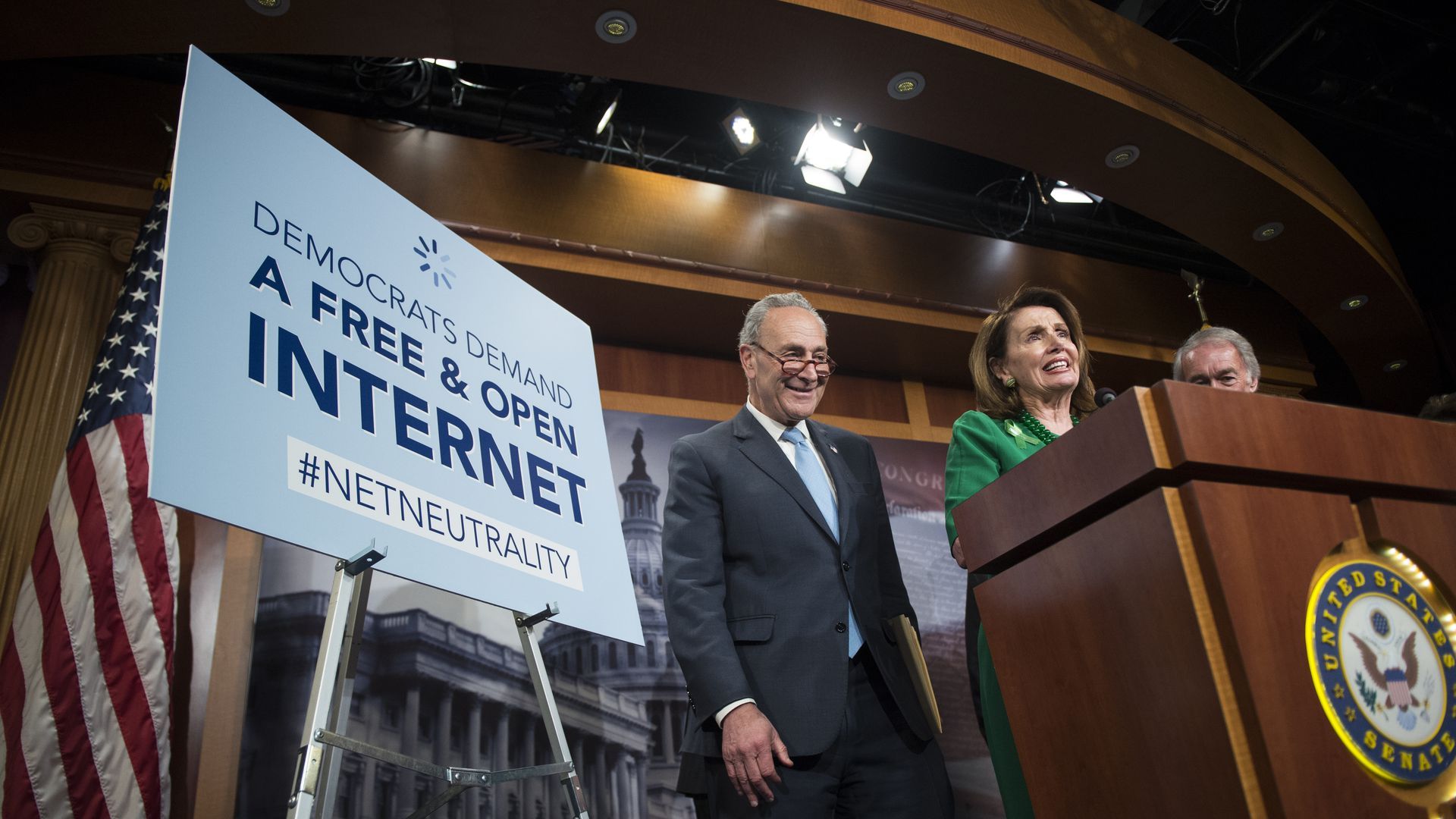 Chuck Shumer and Nancy Pelosi at an event promoting net neutrality legislation.