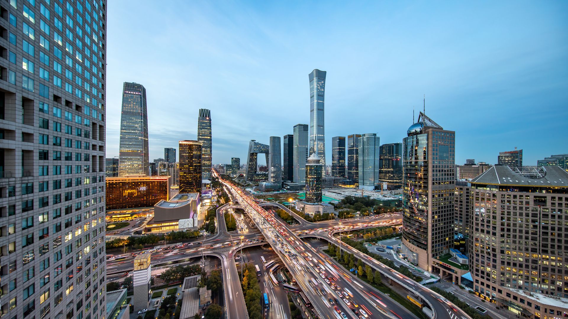 Aerial view of vehicles being driven on the road through the central business district on October 27, 2020 in Beijing, China