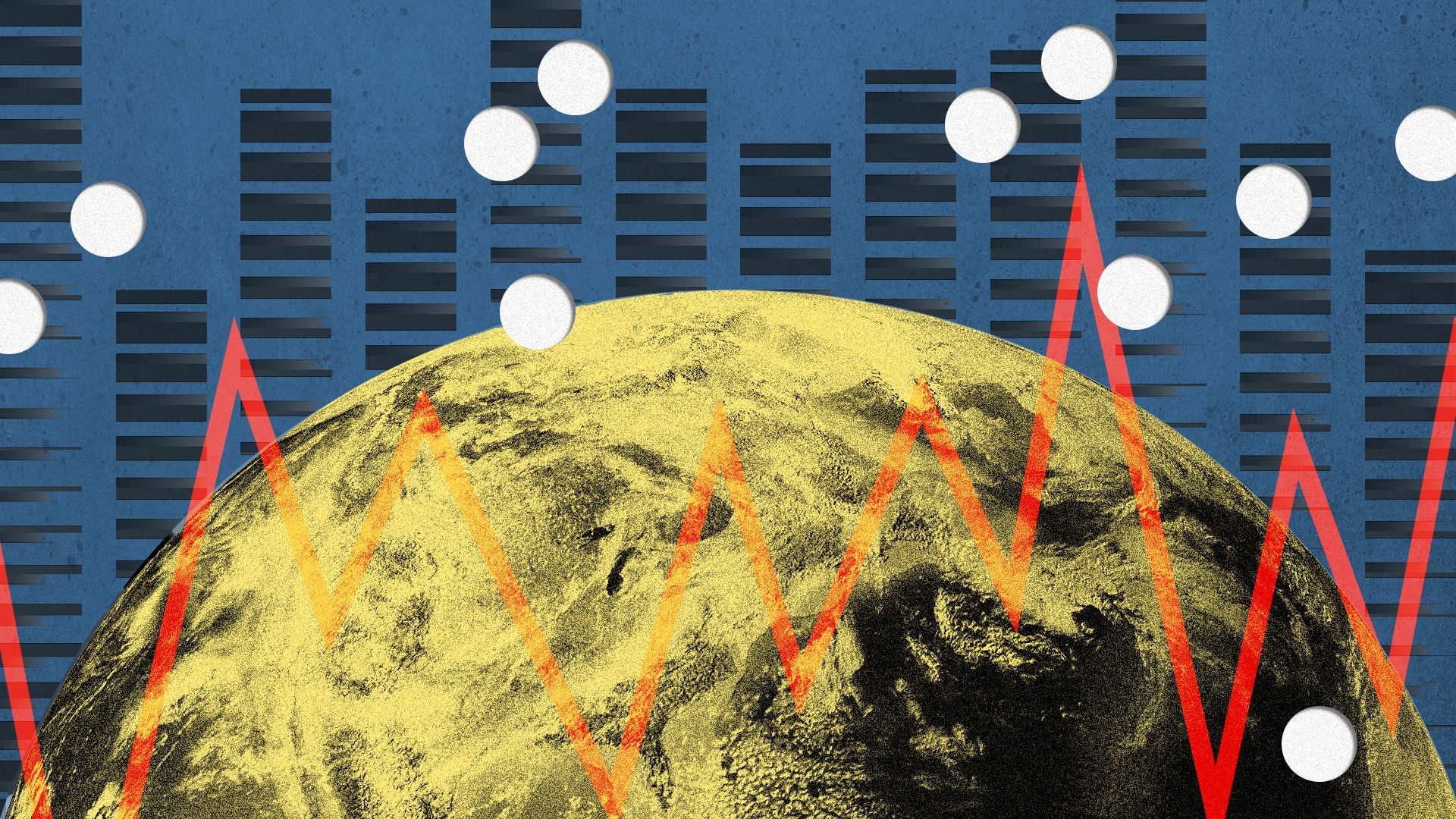 Illustration of the earth with a stock line and abstract shapes.