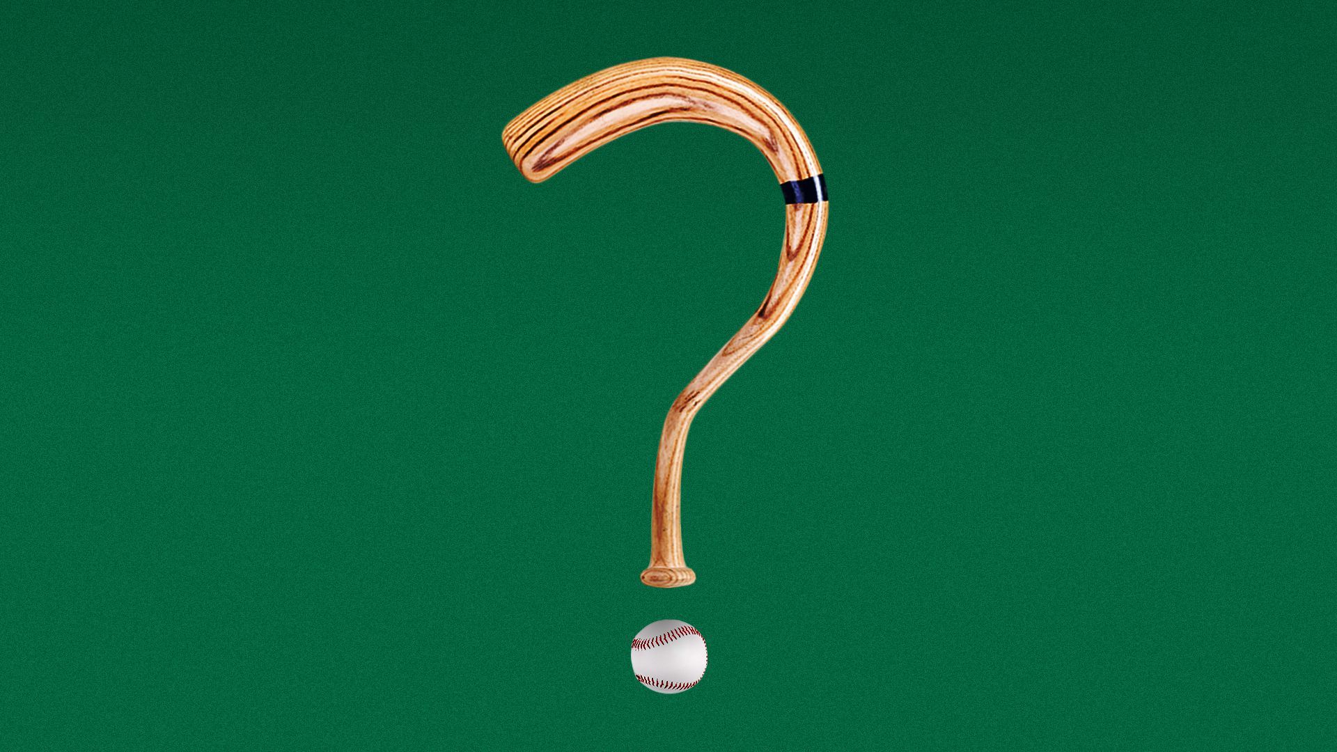 Illustration of a bat and baseball in the shape of a question mark