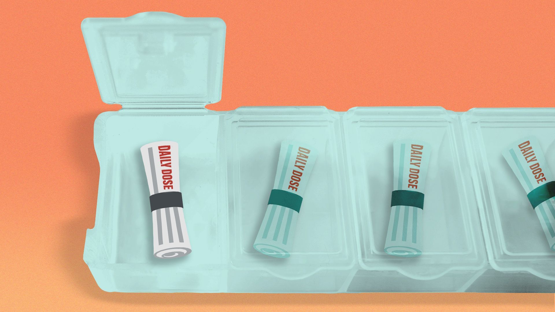 Illustration of a weekly pill dispenser box with a newspaper called "daily dose" in each compartment.