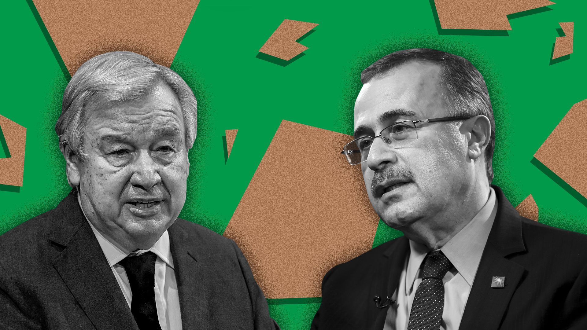 Photo illustration of António Guterres and Amin Nasser in front of abstract shapes. 