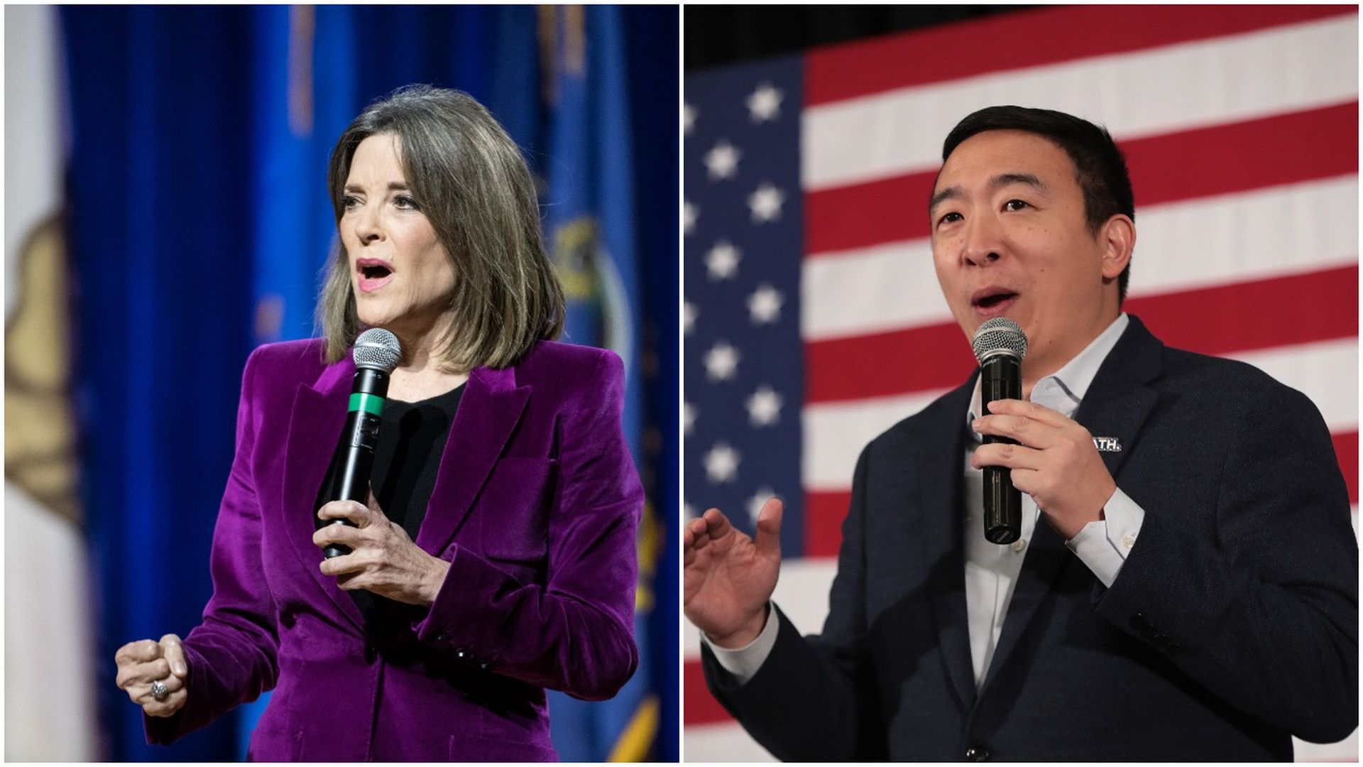Marianne Williamson and Andrew Yang in a split-screen.